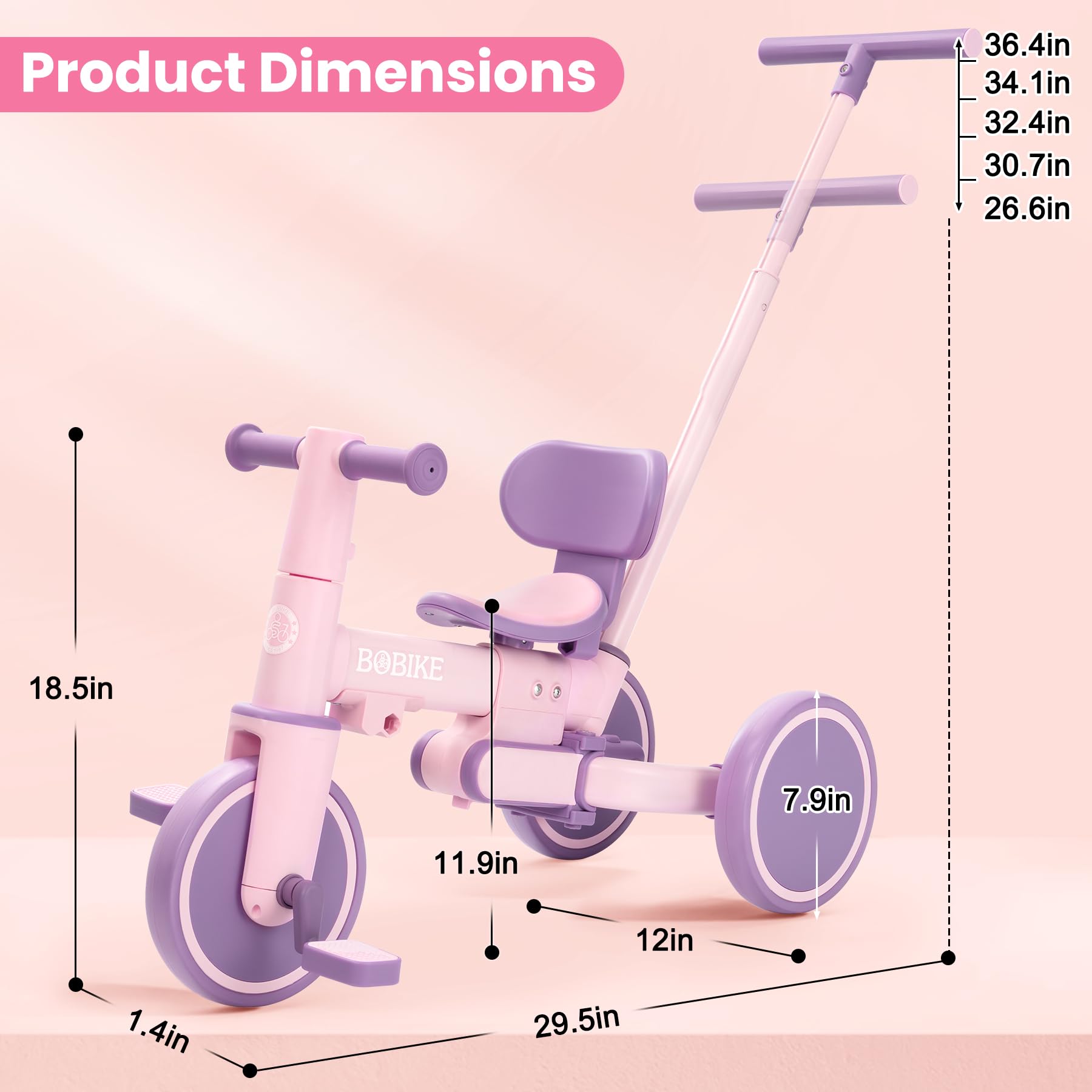 Toddler Bike with Push Handle,Tricycles for 1 to 3 Years Old, Toddler Tricycle with Push Handle for Boy Girl, Baby Balance Bike with Adjustable Seat Height and Removable Pedal (Black)