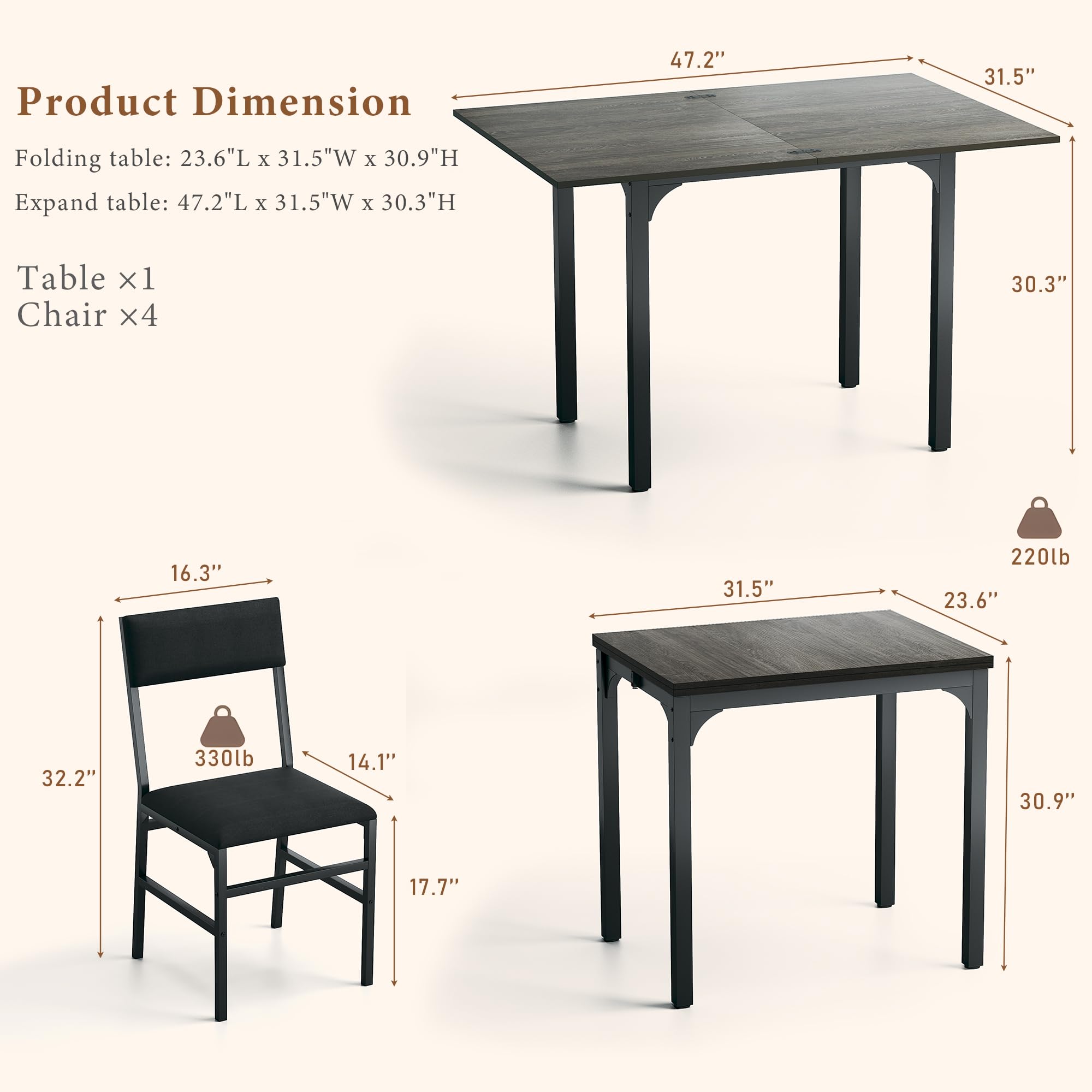 HUAHUU Dining Table Set for 4, Extendable Kitchen Table Cushion Chairs Set of 4, Rectangle Dining Table with Metal Frame & MDF Board, Folding for Small Apartment Saving Space, Black