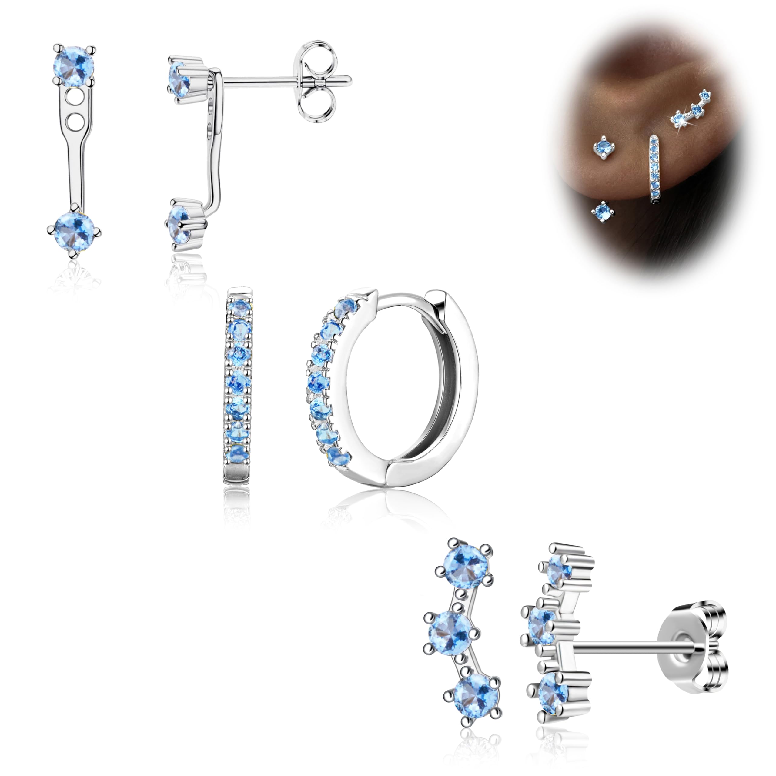 3 Pairs Dainty Small Earrings Set for Women Trendy, Birthstone Stud Huggie Hoop Jacket Stack for Cartilage Helix, Gold Plated Hypoallergenic Cute Women Fashion Accessories Western Jewelry Gifts