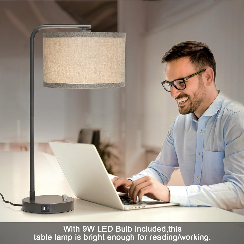Table Lamps Set of 2, Fully Dimmable Bedside Lamp with USB C+A Charging Ports, Modern Nightstand Lamps with Linen Fabric Shades, Tall Desk Lamp for Bedroom, Living Room, Office, LED Bulb Included