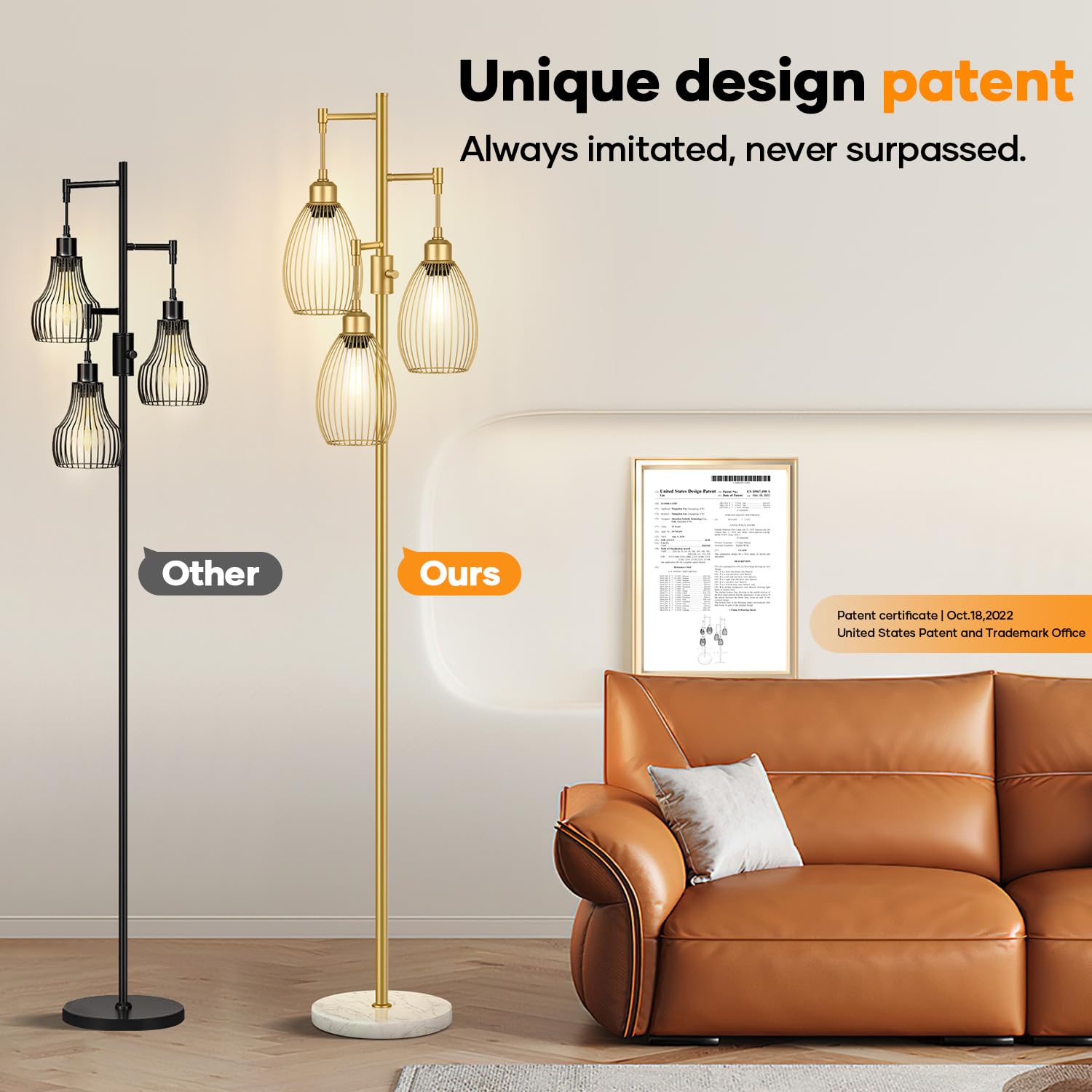 Dimmable Floor Lamp, 3 x 800LM LED Edison Bulbs Included, Farmhouse Industrial Floor Lamp Standing Tree Lamp with Elegant Teardrop Cage Tall Lamps for Living Room Bedroom Office Dining Room-Brass