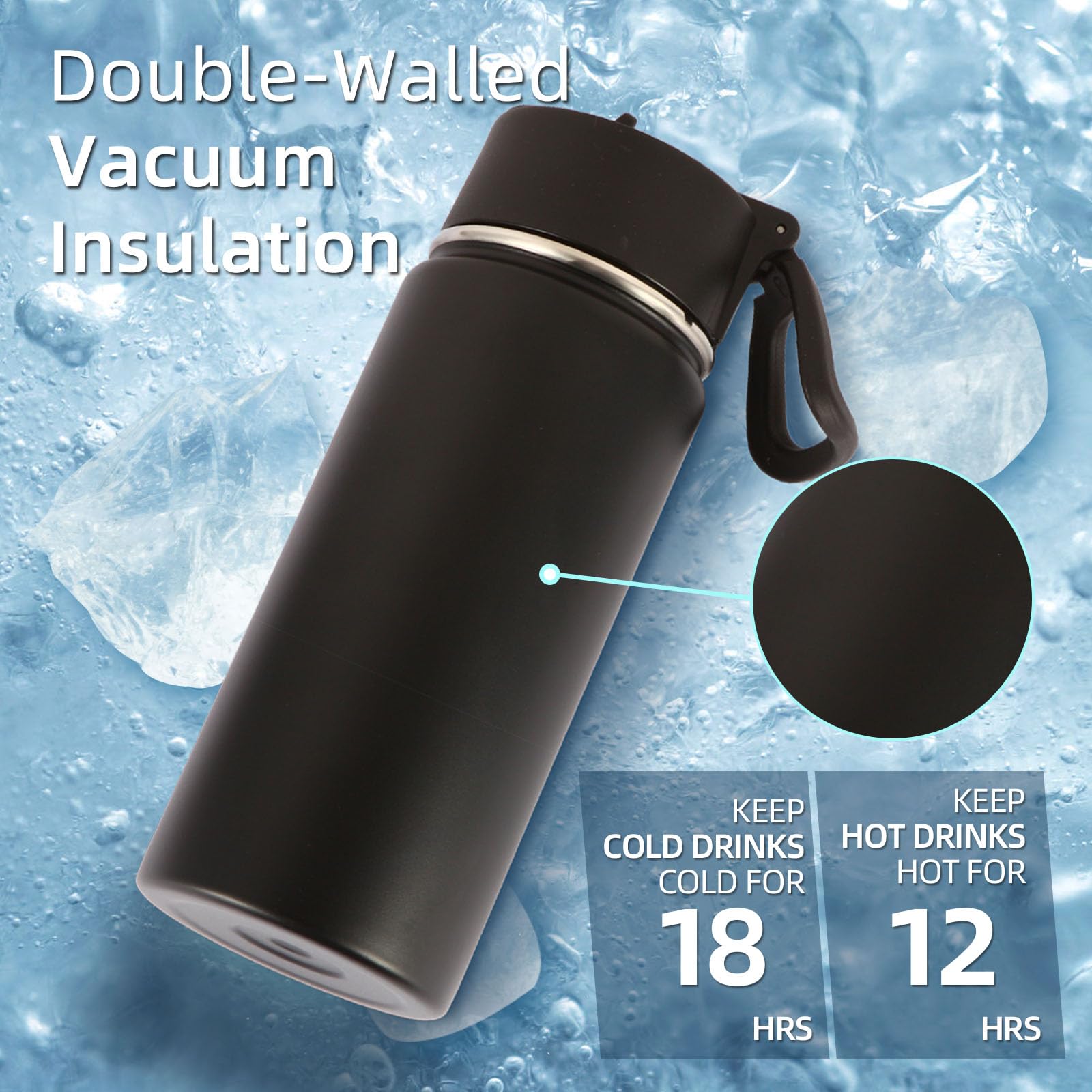 Volhoply Kids Insulated Water Bottle with Straw,16oz Stainless Steel Cold Water Bottles for School,BPA-Free Metal Wide Mouth Cups with Handle Lid,Reusable Double Wall Vacuum Sport Flask(Black,1)