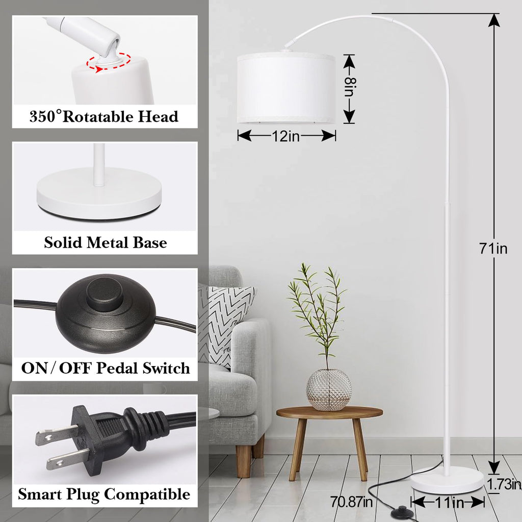 Rattan Floor Lamp, Arc Floor Lamps for Living Room, Farmhouse Standing Lamp with Adjustable Hanging Fabric Shade, Tall Pole Lamp with Foot Switch, Over Couch Arched Reading Light for Bedroom, Office