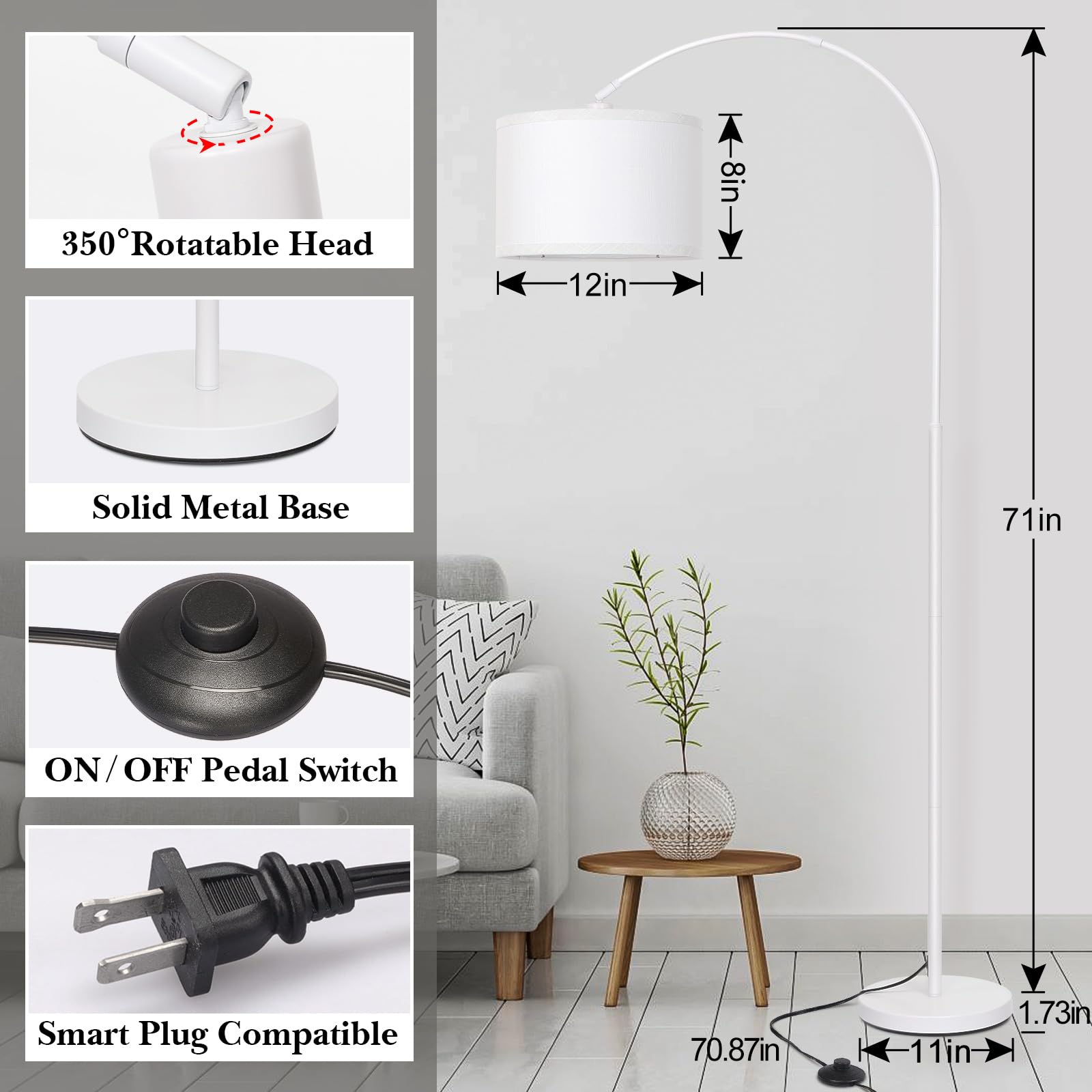 Rattan Floor Lamp, Arc Floor Lamps for Living Room, Farmhouse Standing Lamp with Adjustable Hanging Fabric Shade, Tall Pole Lamp with Foot Switch, Over Couch Arched Reading Light for Bedroom, Office