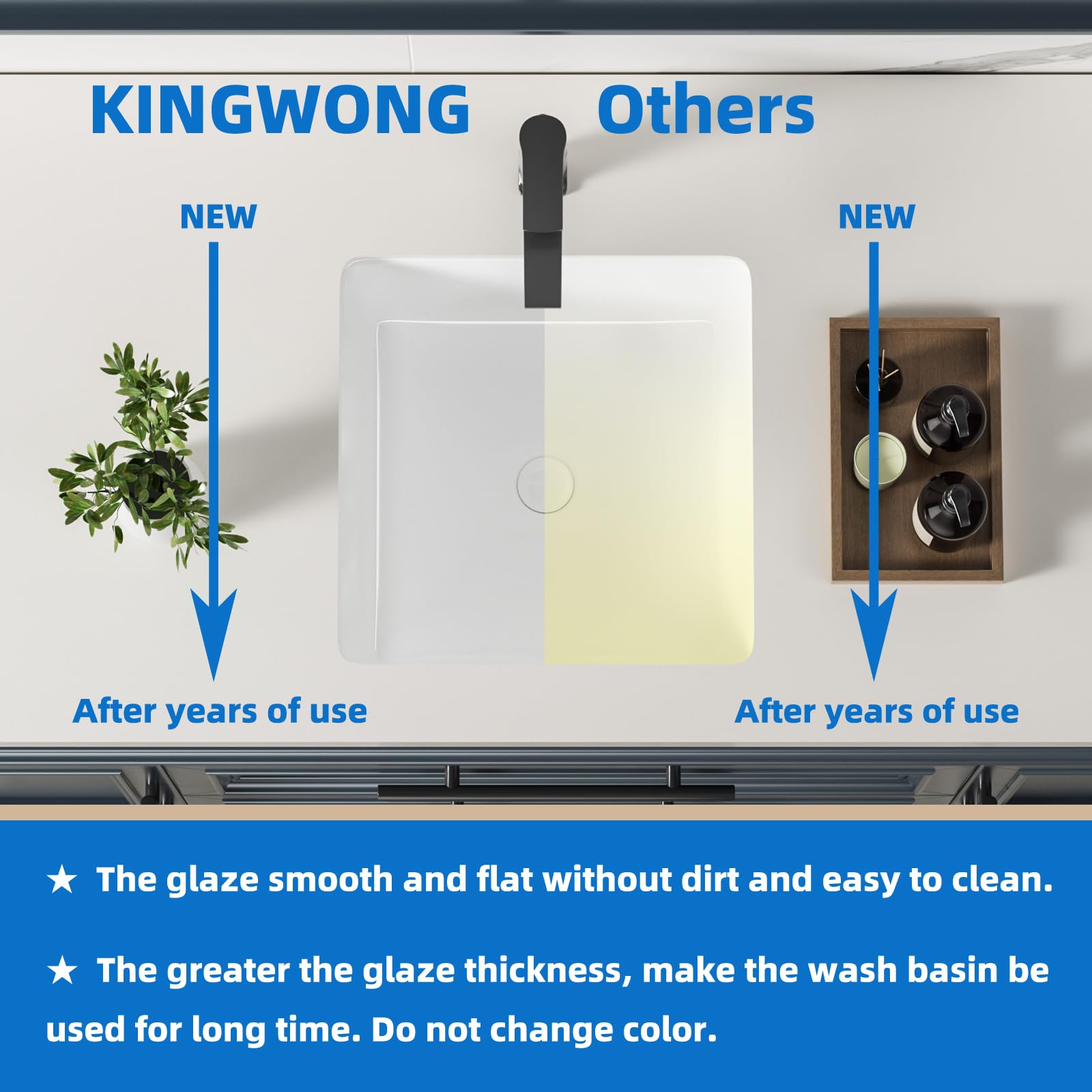 KINGWONG 14 Inch Small Square Undermount Bathroom Sink, 13.75" Ceramic White Porcelain Under Counter Basin for Vanity, Modern Rectangular Sink with Overflow Hole, Easy to Clean, Interior 11.5" x 11.5"