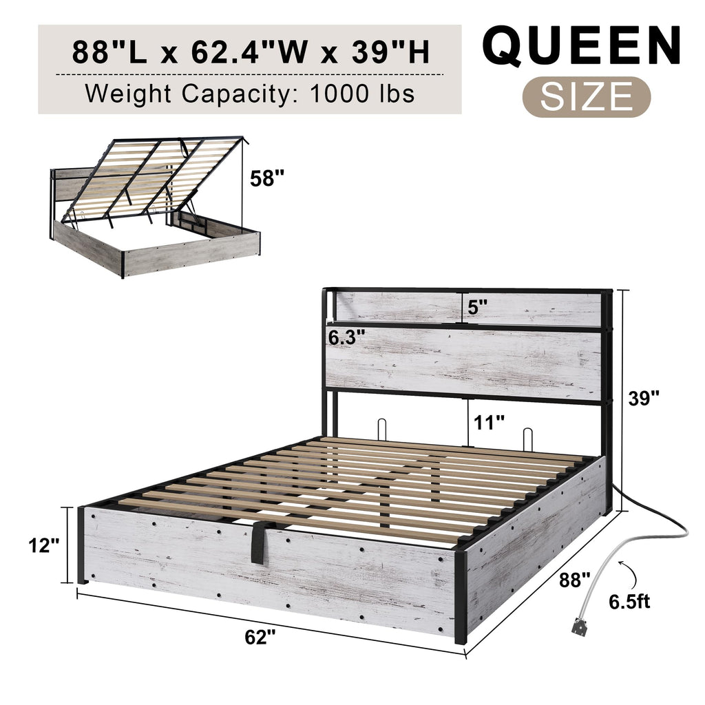 LUXOAK Full Size Lift Up Storage Bed, Wood Platform Bed Frame with Storage Headboard & Charging Station, No Box Spring Needed, Easy Assembly, Black