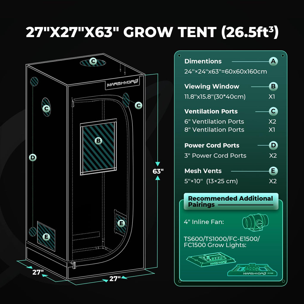 MARS HYDRO 2x2x3 Advanced Grow Tent, 24"x24"x36" High Reflective Mylar 1680D for Hydroponics Indoor Plant Growing, with Floor Tray and Smooth Zipper for TS600