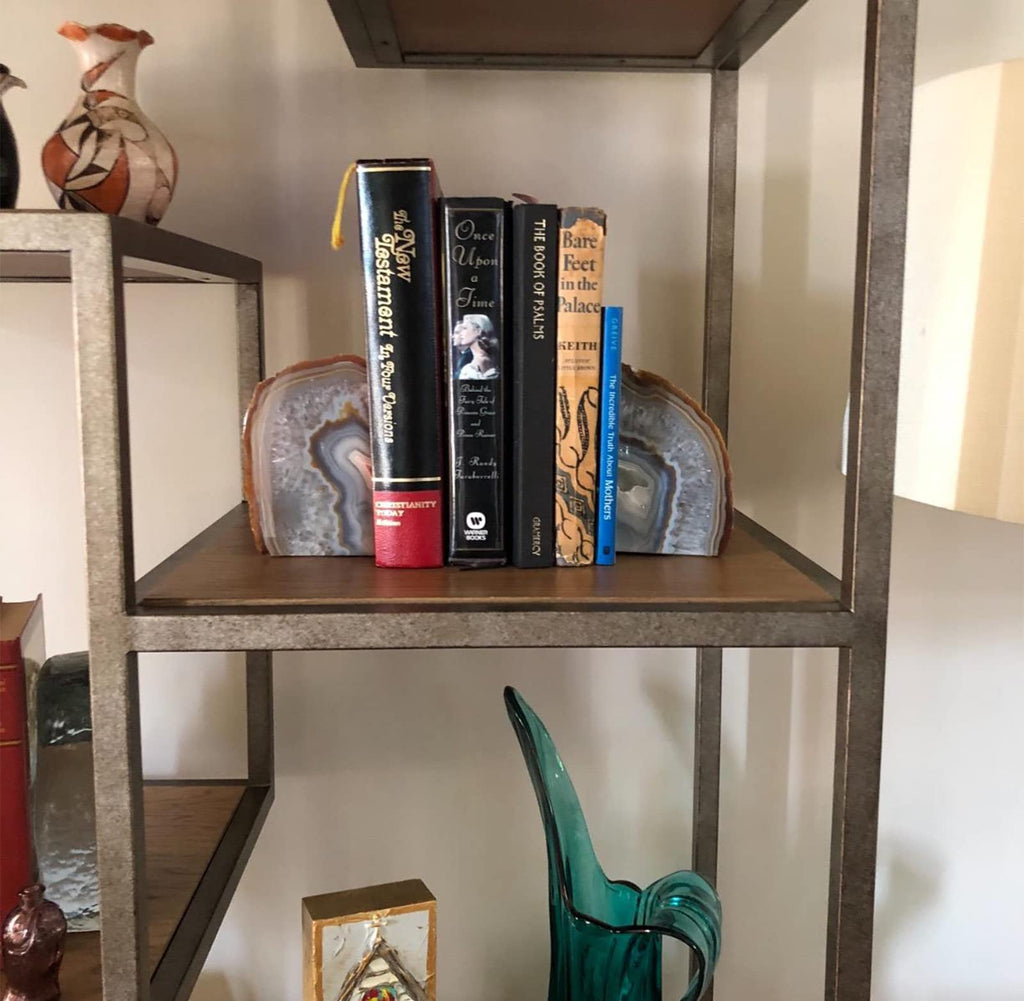 JIC Gem Black Agate Geode Bookends 2-3 Lbs Anti-Slip Rubber Pads Heavy Duty | 1Pair Natural Black Agate Crystal Decor for Shelves & Desk, Unique Small Stone Book Holder Gift for Office & Home Decoration