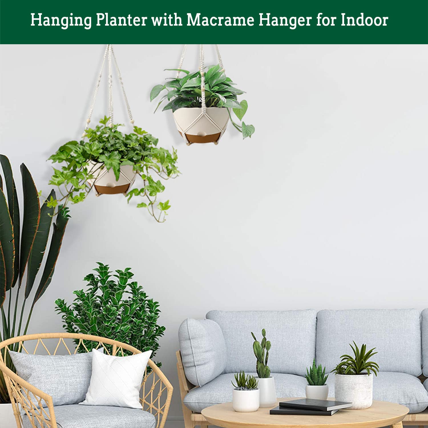 Koalaime Hanging Planter Self Watering 10 Inch, 2 Pack Indoor Outdoor Hanging Baskets, Hanging Flower Pots with Drainage Hole & 2 Kinds of Plant Hangers for Garden Home Decor(Green)…