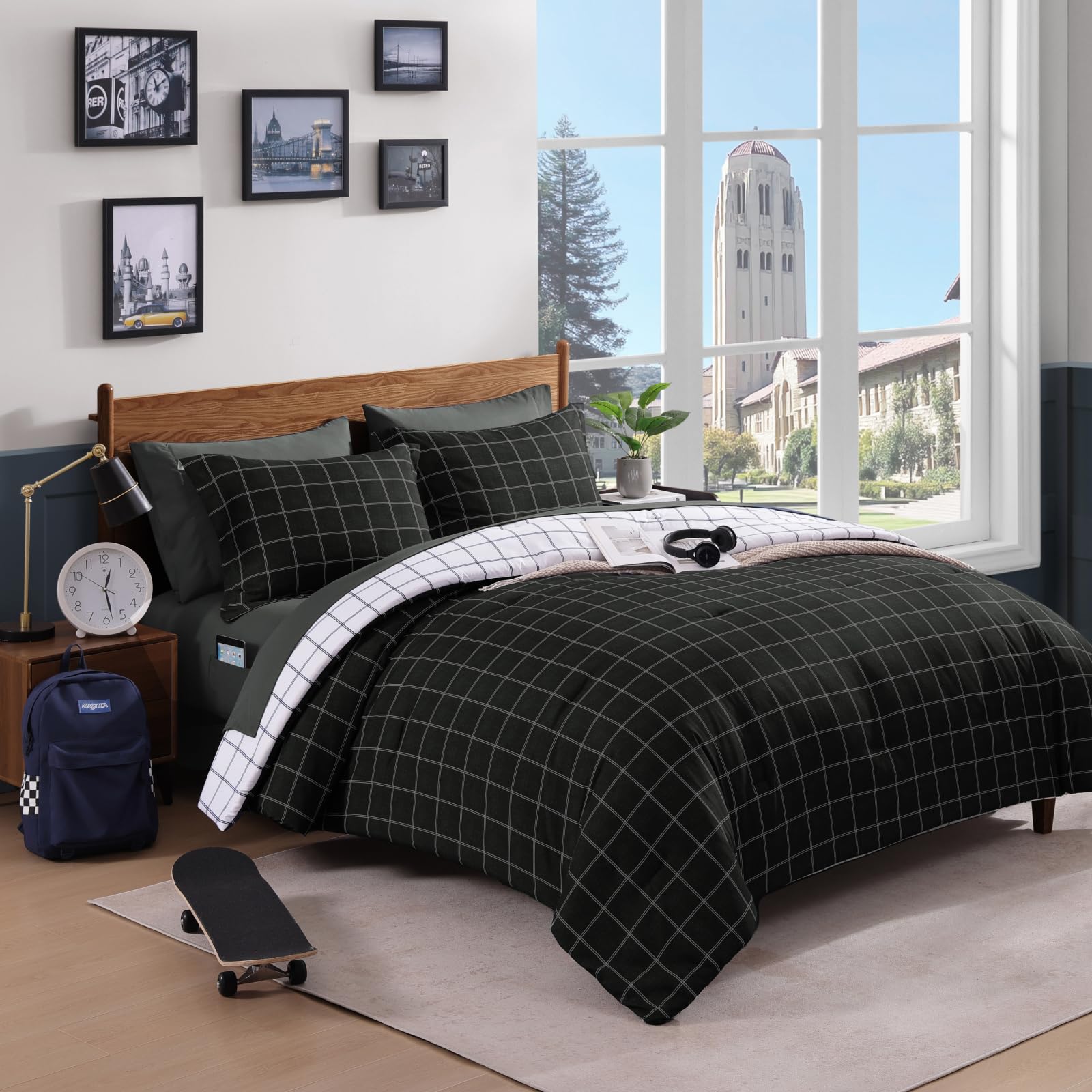 AMBERSPACE Plaid Twin XL Comforter Set Black, Reversible Checkered Bedding Set 5 Pieces for Boys Girls Teen, Lightweight Bed in a Bag for Dorm with Sheets, Pillowcase & Sham