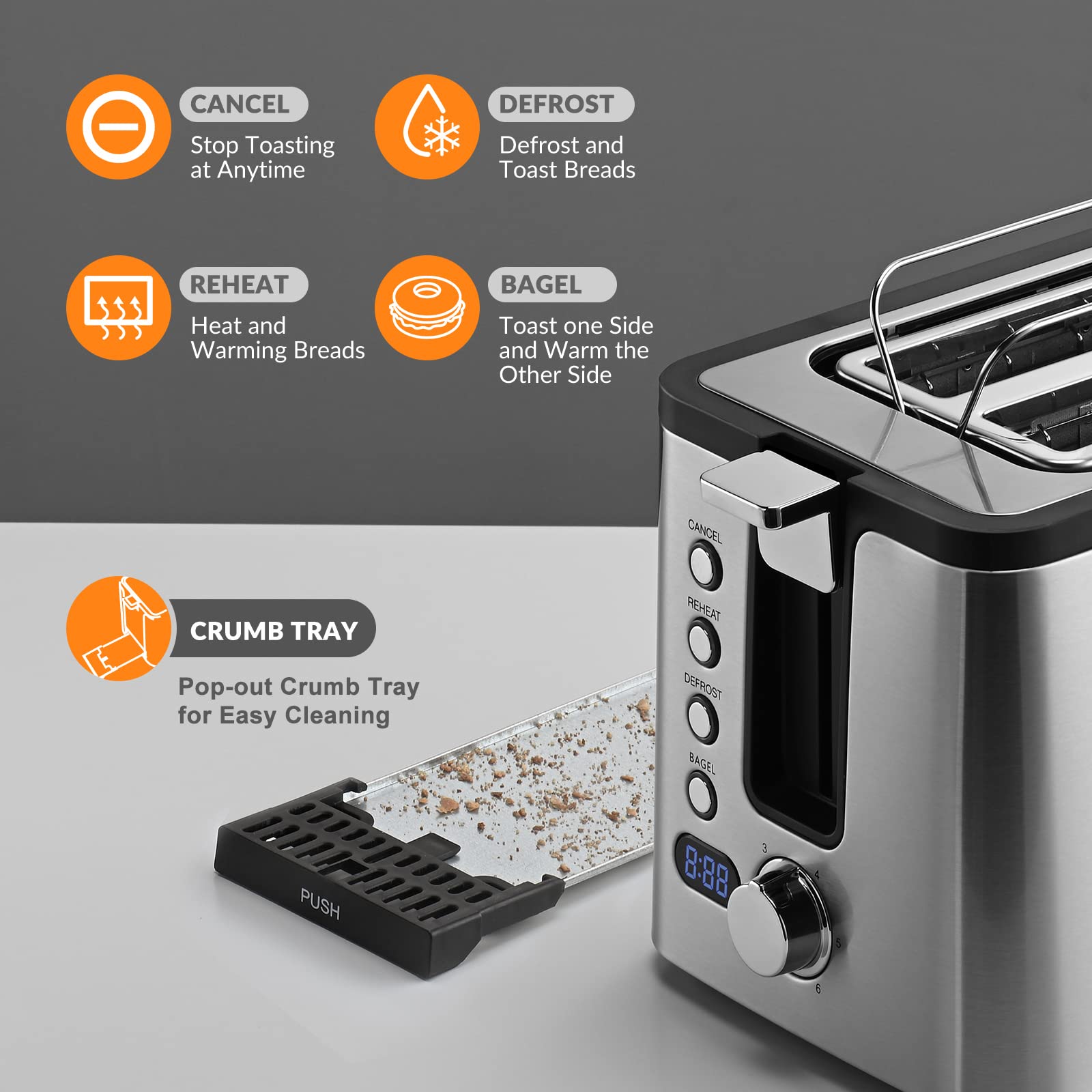 Mecity 4 Slice Toaster, Long Slot Toaster With Warming Rack, Timer, Bagel, Defrost, Reheat Functions, Crumb Tray, 6 Browning Settings, Extra Wide Long Slots, Stainless Steel, 1300W, Grey