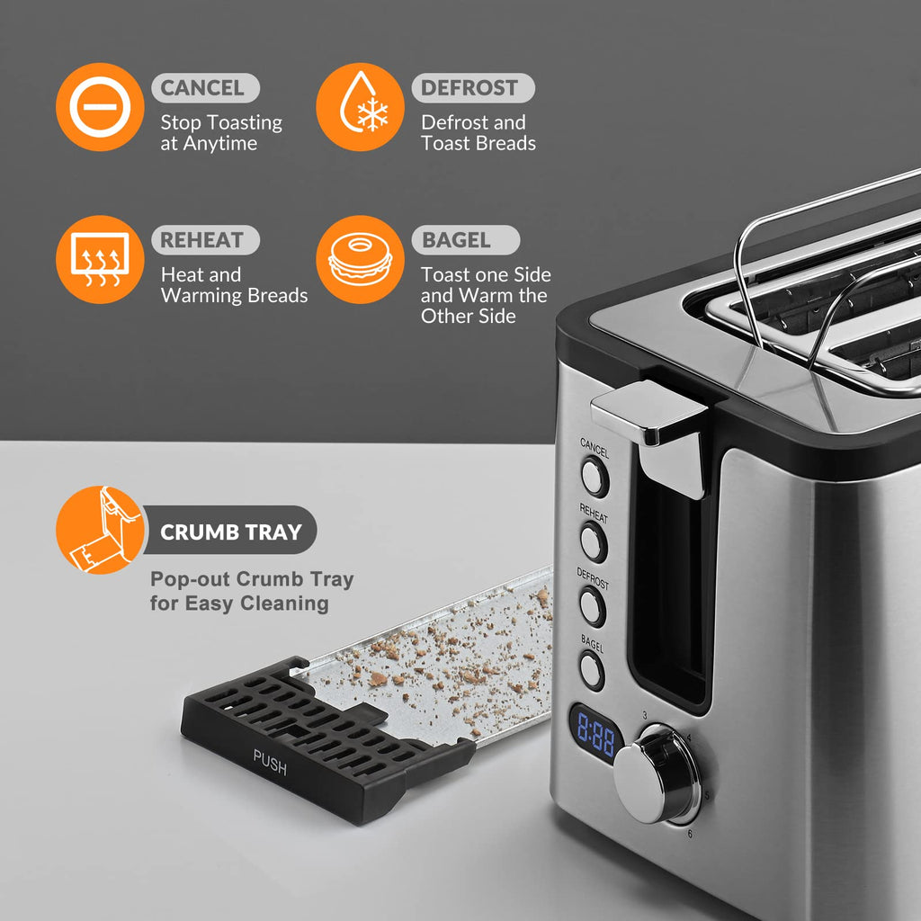 Mecity 4 Slice Toaster, Long Slot Toaster With Warming Rack, Timer, Bagel, Defrost, Reheat Functions, Crumb Tray, 6 Browning Settings, Extra Wide Long Slots, Stainless Steel, 1300W, Grey