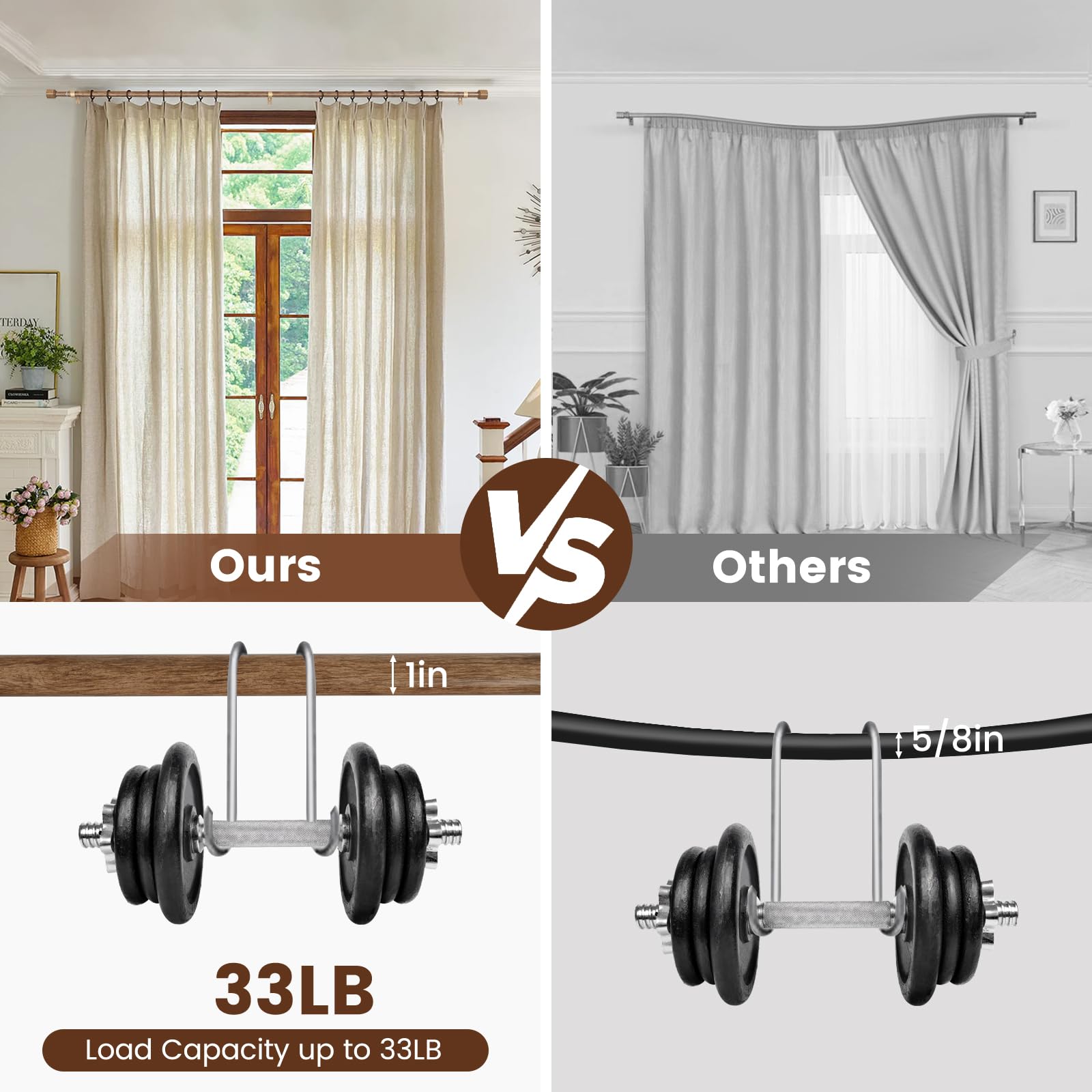 1” Diameter brown curtain rod Itself is 30 to 60 inch. 1 Pack Fits 30-54 inch Windows with Heavy Duty Adjustable brown curtain rods Splicing Metal Extra Long Curtain Rod