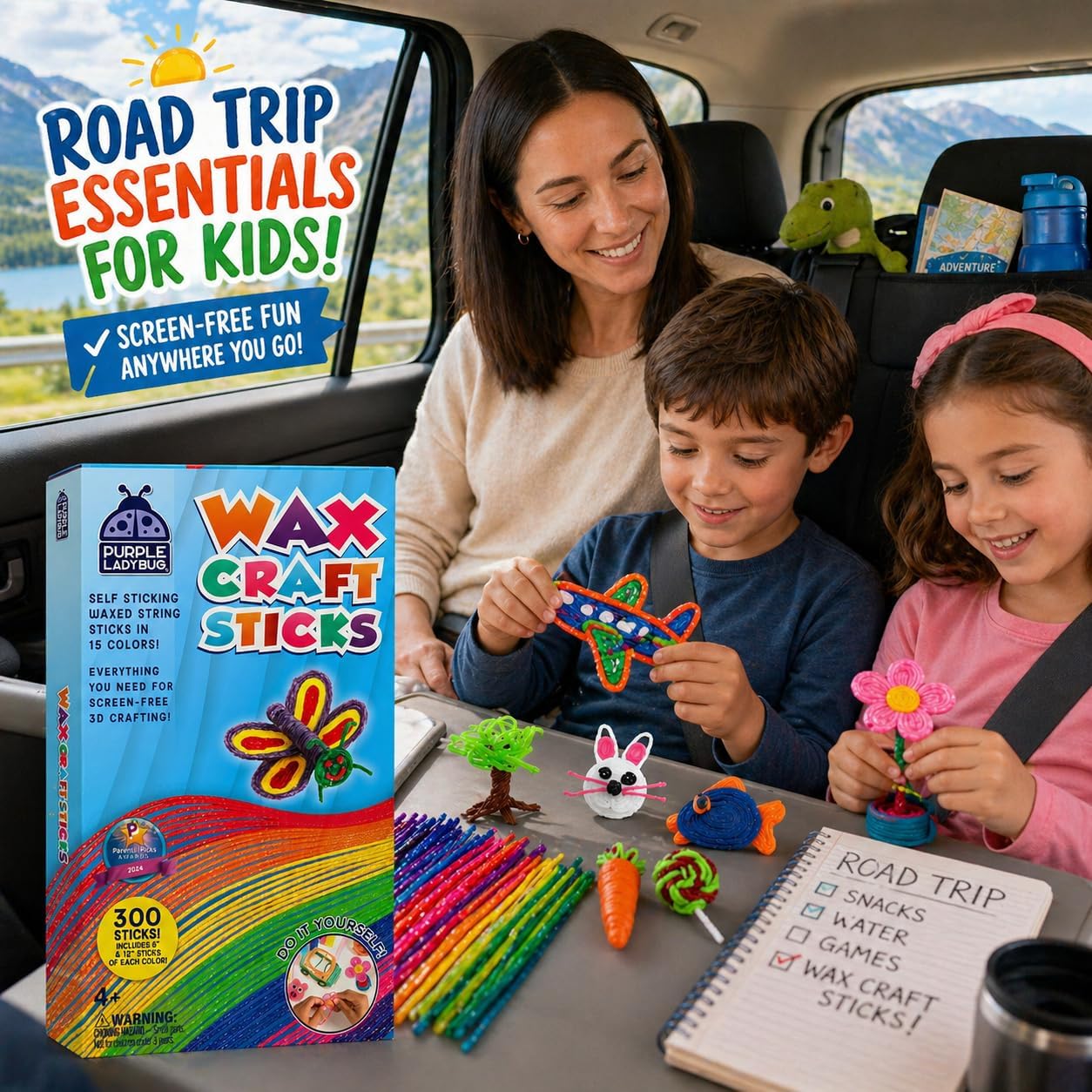 PURPLE LADYBUG 300 PCS Bendable Wax Craft Sticks in 2 Lengths - 6" and 12" Strips in 15 Colors Each, Mess-Free Road Trip Activity for Kids, Travel Toys for Car & Airplane for Kids Ages 4+