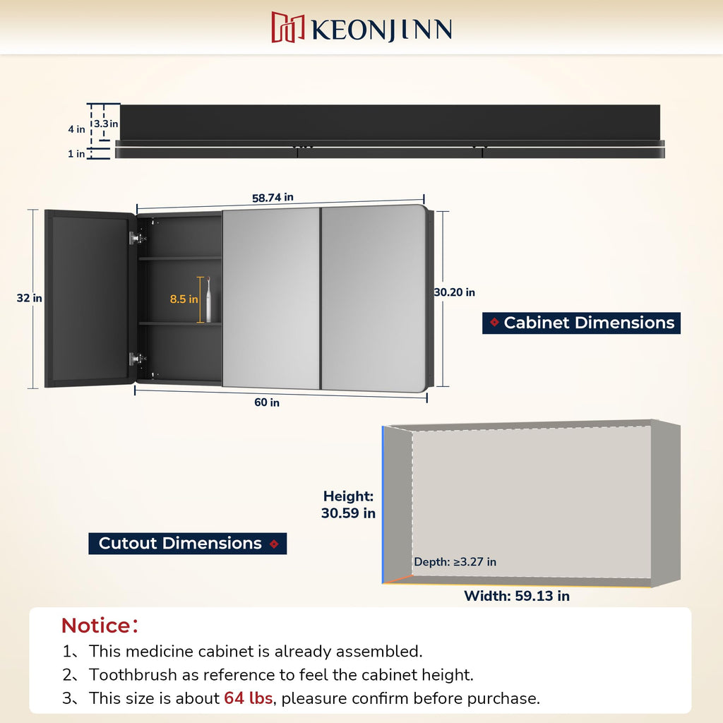 Keonjinn 15 x 36 Inch Black Slim Medicine Cabinets, Narrow Bathroom Side Medicine Cabinet with Mirror, Stainless Steel Framed, Adjustable Shelves, Recessed or Wall Mount, Modern Farmhouse