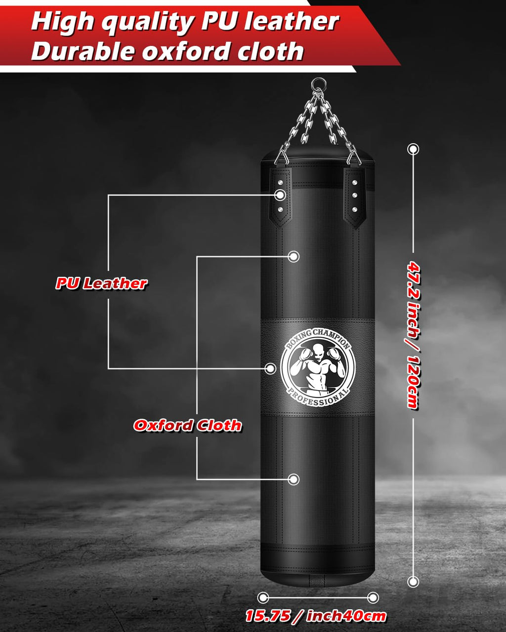 YORWHIN Punching Bag for Adults, 4FT PU Heavy Boxing Bags with Chain Ceiling Hook, Hanging Boxing Bag for Kickboxing Muay Thai Karate Judo Taekwondo Home Gym Training, Unfilled