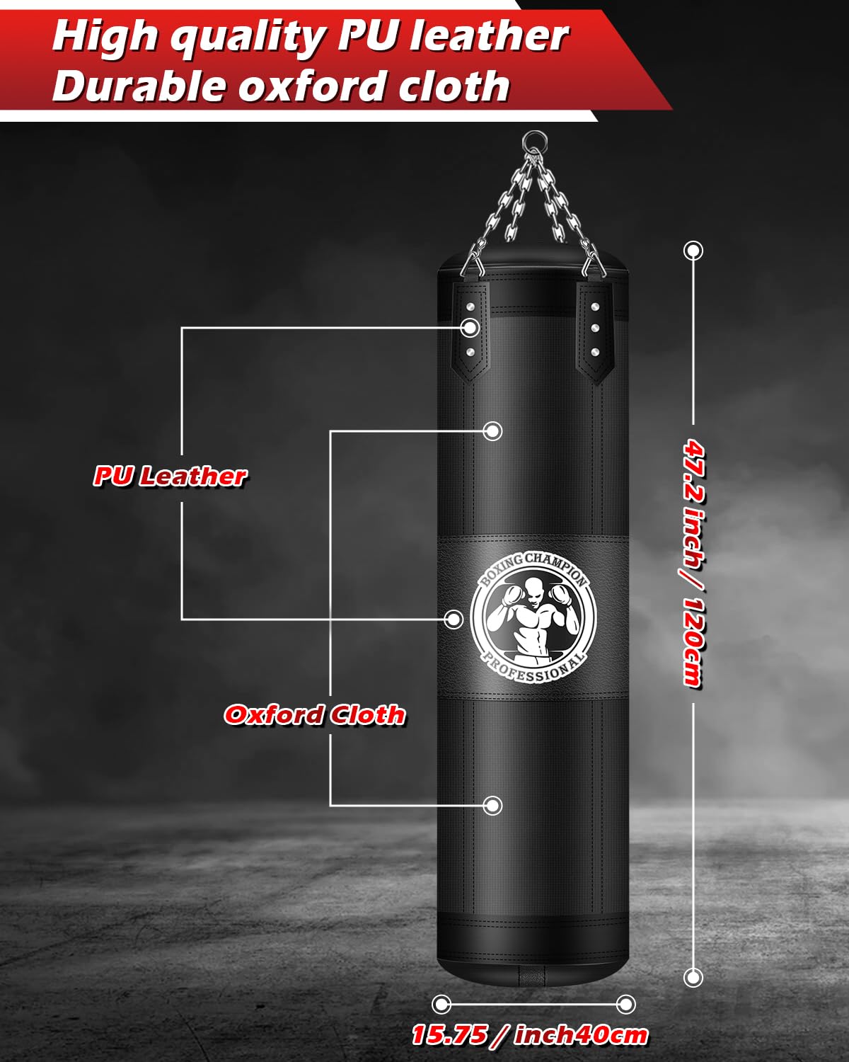 YORWHIN Punching Bag for Adults, 4FT PU Heavy Boxing Bags with Chain Ceiling Hook, Hanging Boxing Bag for Kickboxing Muay Thai Karate Judo Taekwondo Home Gym Training, Unfilled