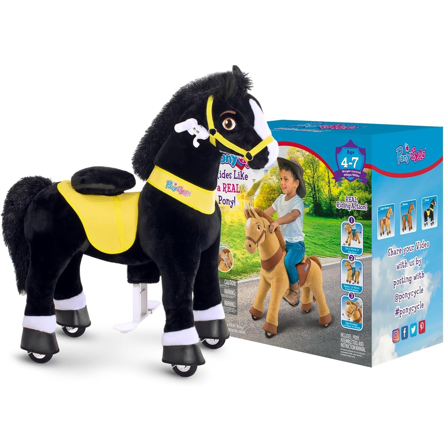 PonyCycle Ride on Toys Riding Black Horse Toys No Battery Required (with Brake/ 30" Height/Size 3) Pony Rider Walking Animals Rocking Horse Ride on Horse for Kids Riding Toys E338