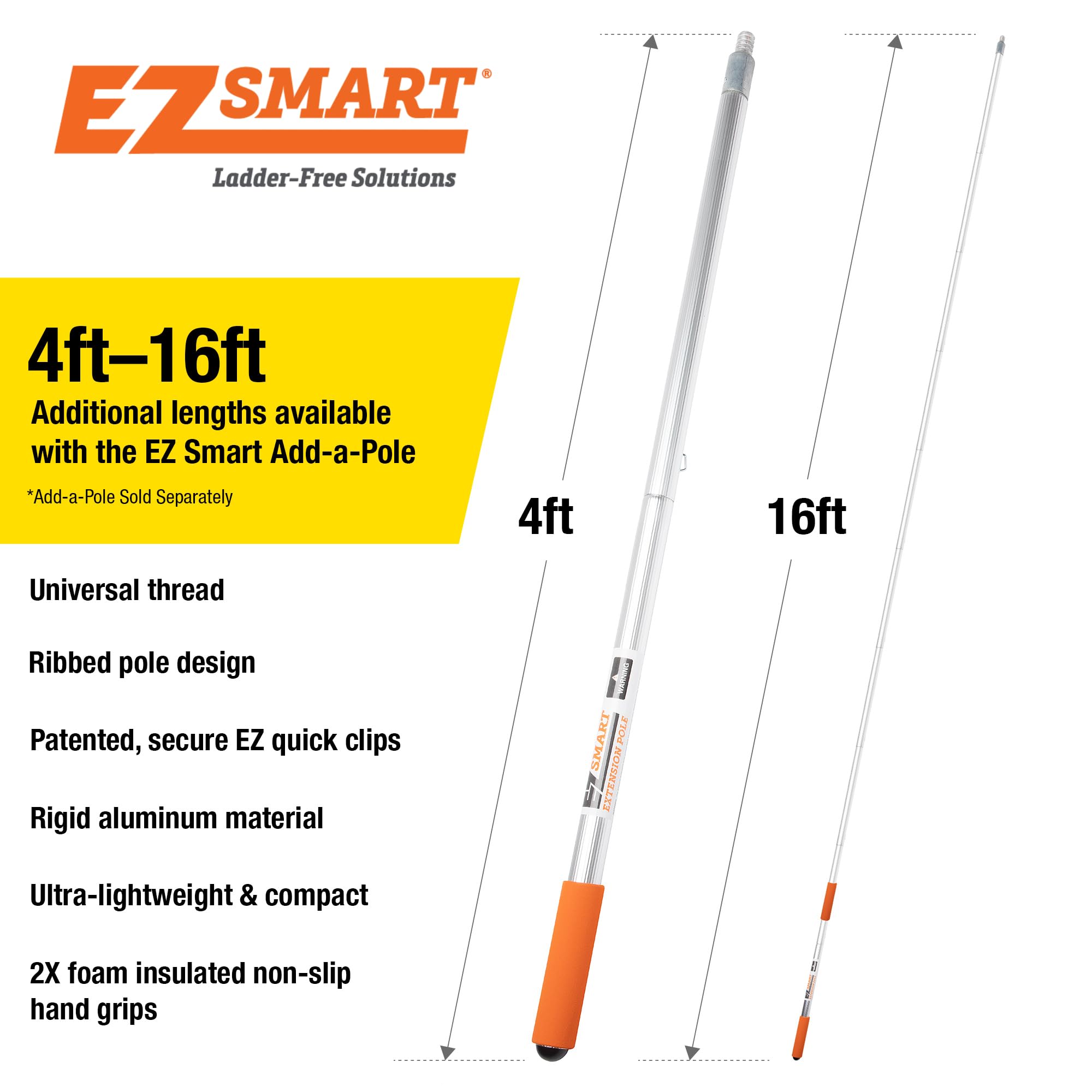 EZ Smart 21ft+ Extension Pole – Extendable Pole Reaches 1 to 16ft, Expandable with Add-a-Pole – Compact, Lightweight, and Durable – Fits Cleaning, Painting, Dusting & Fruit Picker Attachments