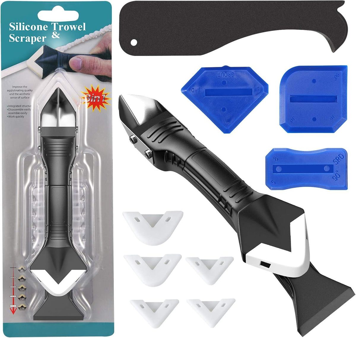 3 in 1 Silicone Caulking Tools（Stainless Steelhead）, Sealant Finishing Tool Grout Scraper, Reuse and Replace 5 Silicone Pads, Great Tools for Kitchen Bathroom Window, Sink Joint