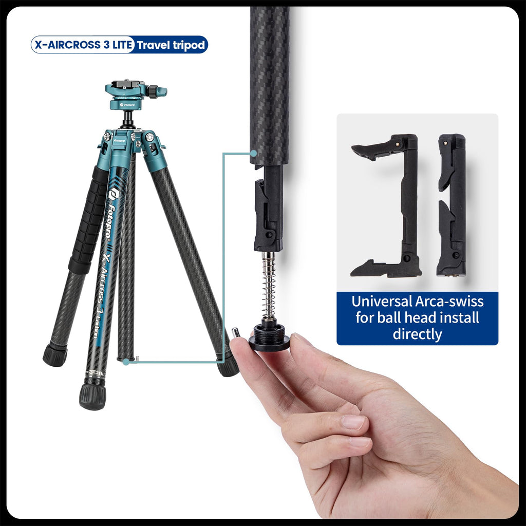 Fotopro 60" Camera Tripod, Carbon Fiber Travel Tripod with 360° Ball Head, Ultralight 2.1lbs, 22lbs Load, Quick Lock, Folds to 14.3" Carry-On, for DSLR Mirrorless Cameras, X-Aircross 3 Blue