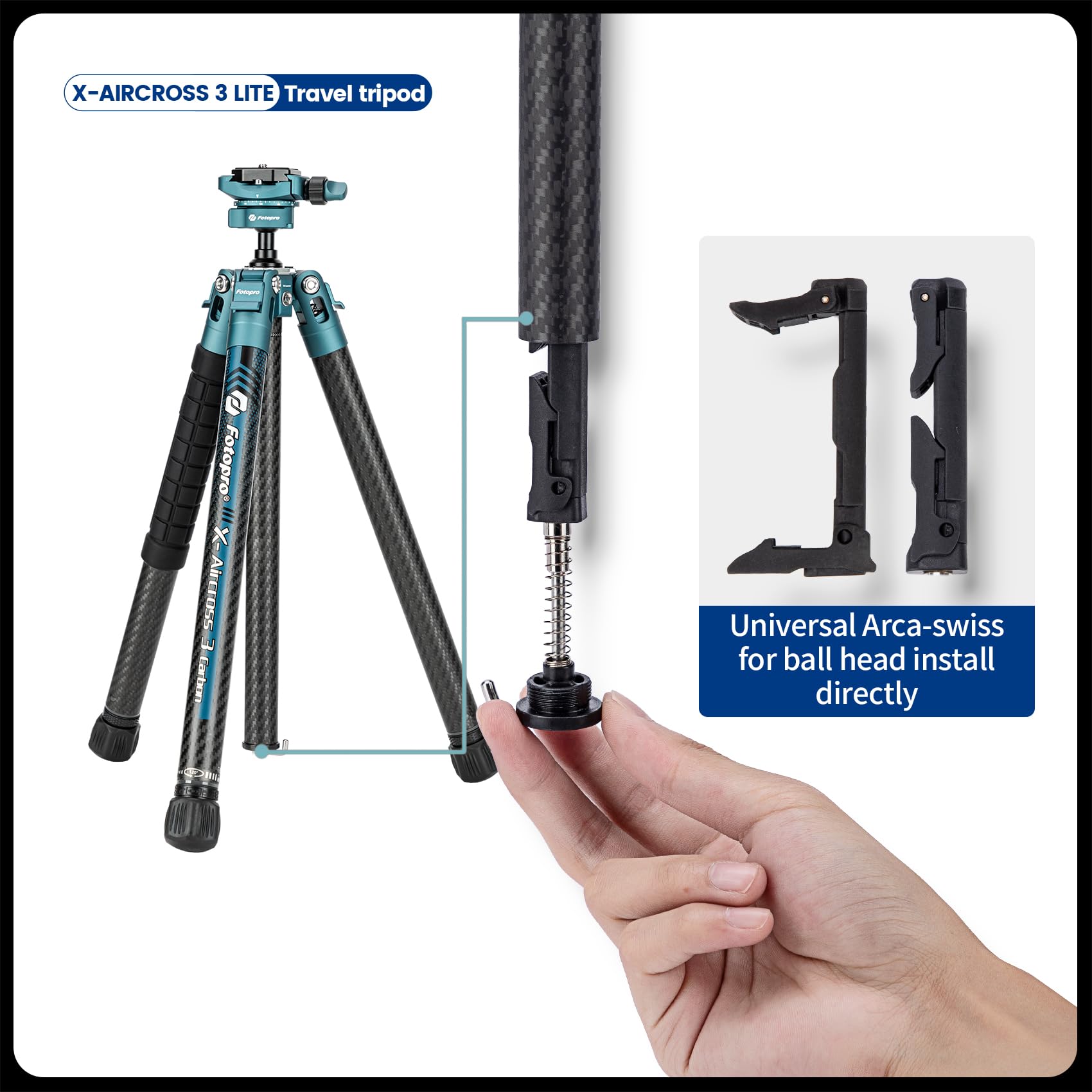 Fotopro 60" Camera Tripod, Carbon Fiber Travel Tripod with 360° Ball Head, Ultralight 2.1lbs, 22lbs Load, Quick Lock, Folds to 14.3" Carry-On, for DSLR Mirrorless Cameras, X-Aircross 3 Blue