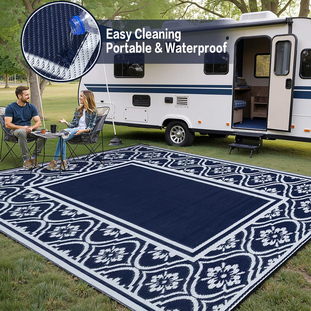 HUGEAR Outdoor Patio Rug 3'x5' Waterproof Outside Area Rugs Blue Reversible Plastic Straw Carpet for RV Deck Camping Entryance Porch Picnic Balcony Beach