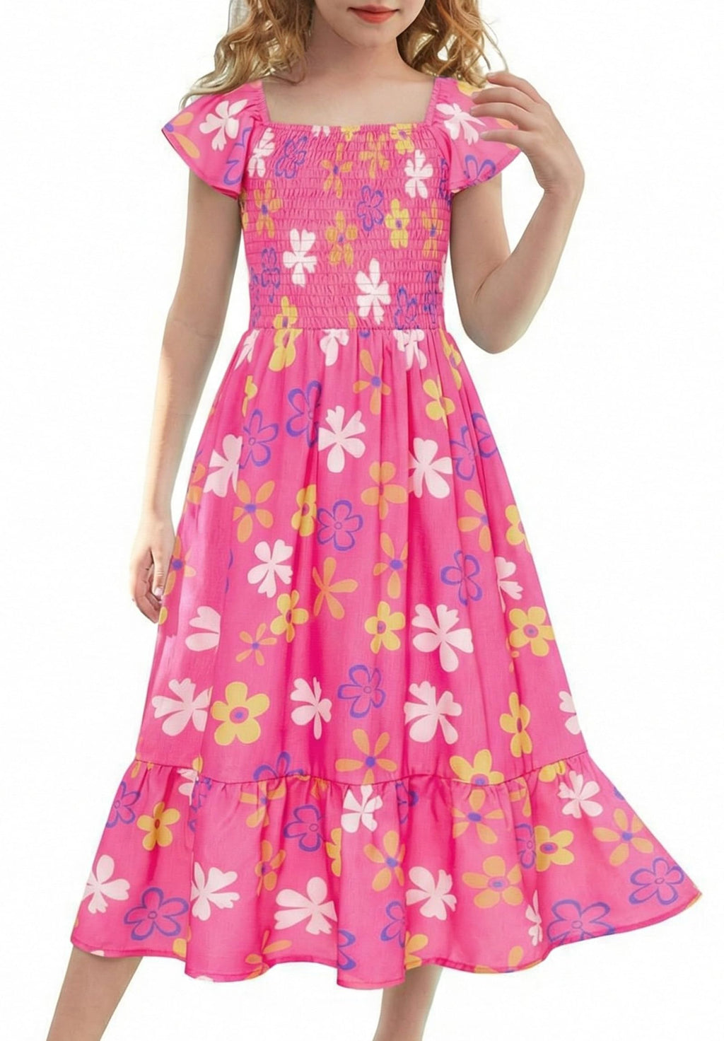 GRACE KARIN Girls Flutter Sleeve Floral Dresses Girl Long Midi Spring Dress Kids Smocked Flare Summer Dress 6-16Y