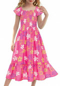 GRACE KARIN Girls Flutter Sleeve Floral Dresses Girl Long Midi Spring Dress Kids Smocked Flare Summer Dress 6-16Y