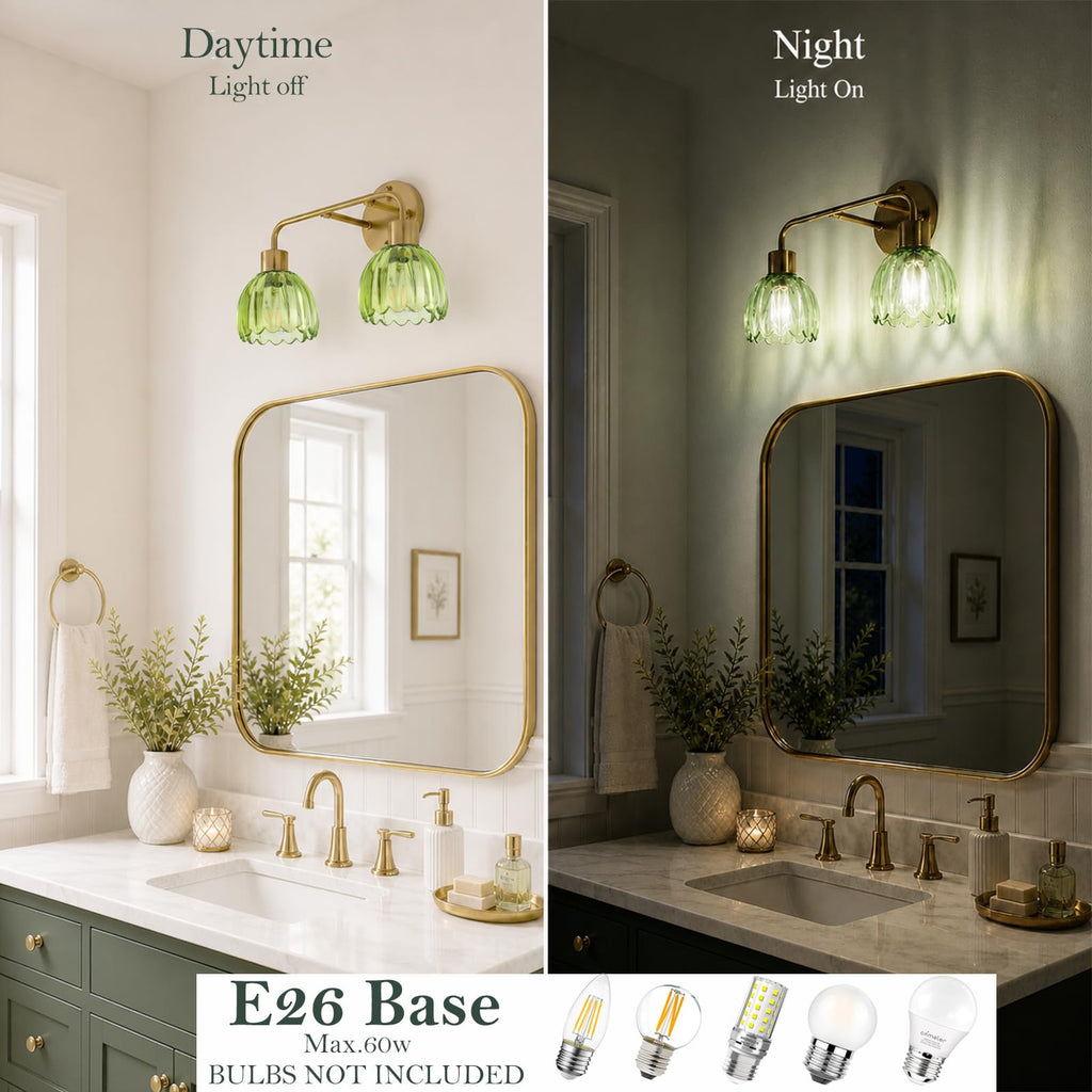 1-Light Gold Brass Bathroom Light Fixture,Wall Sconces set of 2,Brushed Gold Vanlity Light Over Mirror,Bathroom Vanity Light with White Tulip Glass Flower Shade,E26 Socket(Bulbs Not Included)