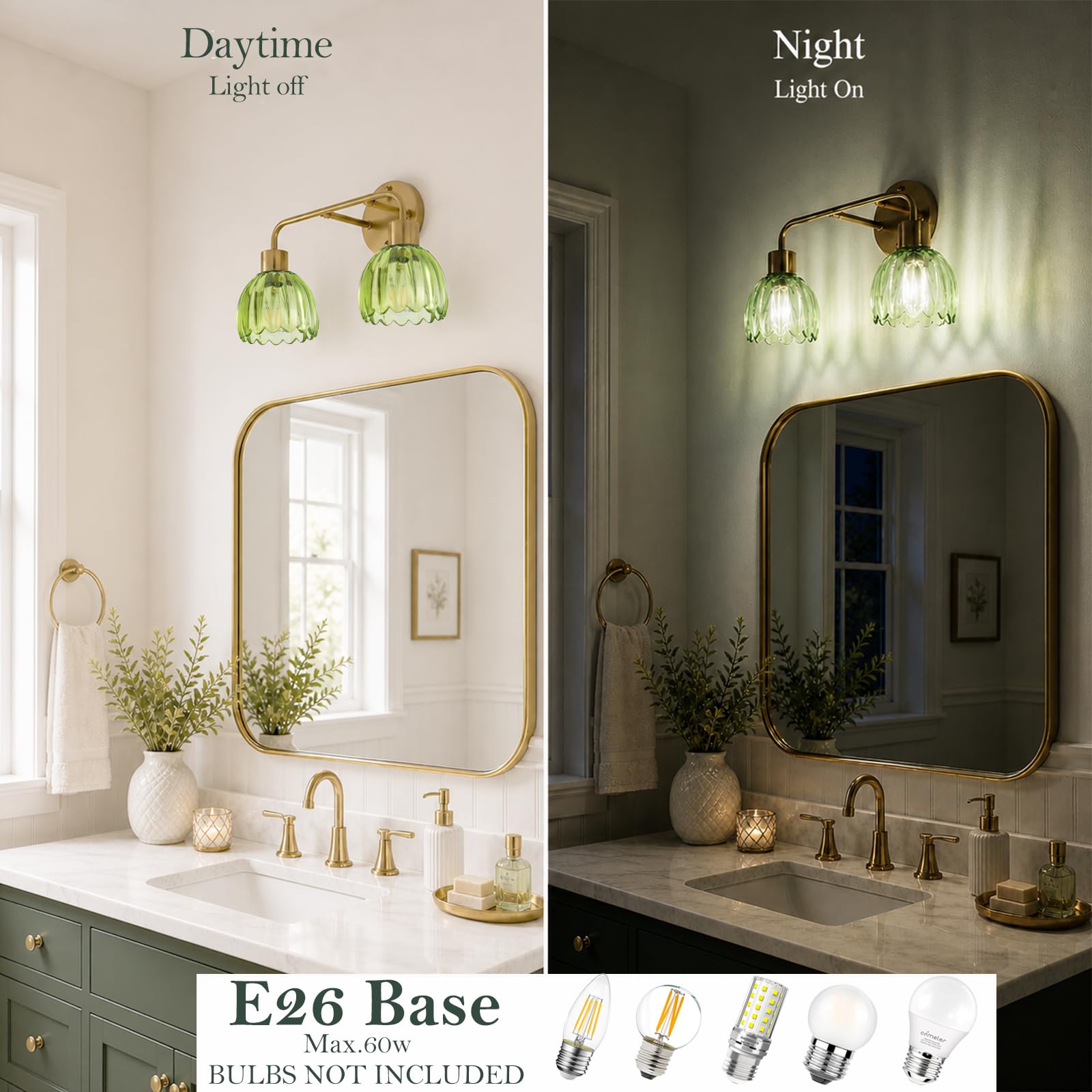 1-Light Gold Brass Bathroom Light Fixture,Wall Sconces set of 2,Brushed Gold Vanlity Light Over Mirror,Bathroom Vanity Light with White Tulip Glass Flower Shade,E26 Socket(Bulbs Not Included)