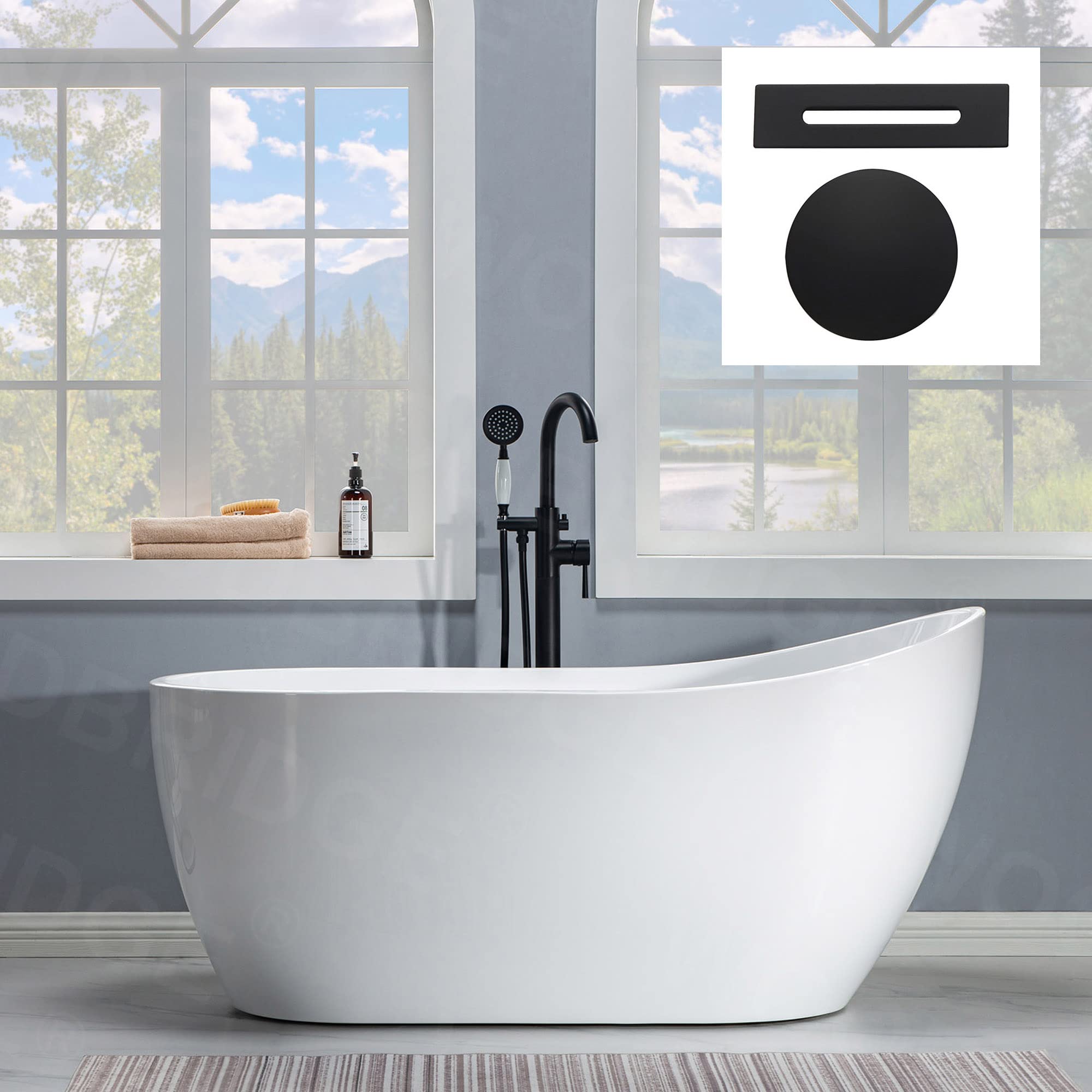 WOODBRIDGE 59" Acrylic Freestanding Bathtub Contemporary Soaking White Tub with Brushed Gold Overflow and Drain， B1530 -BG-Drain &O