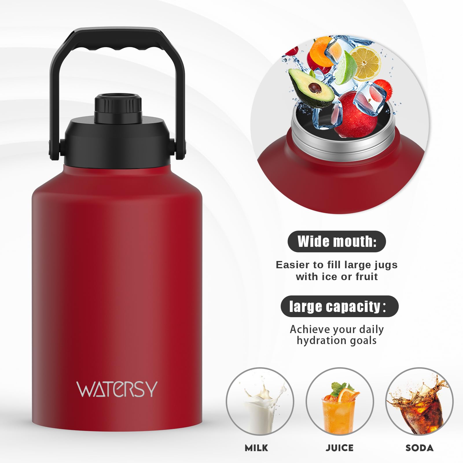 WATERSY Half Gallon Water Bottle Insulated(Cold for 48 Hrs),BPA Free&Leak Proof,64oz Stainless Steel Water Jug/Flask,Big thermo,Large Water Bottle with Handle for Gym,Hiking,Camping,Black