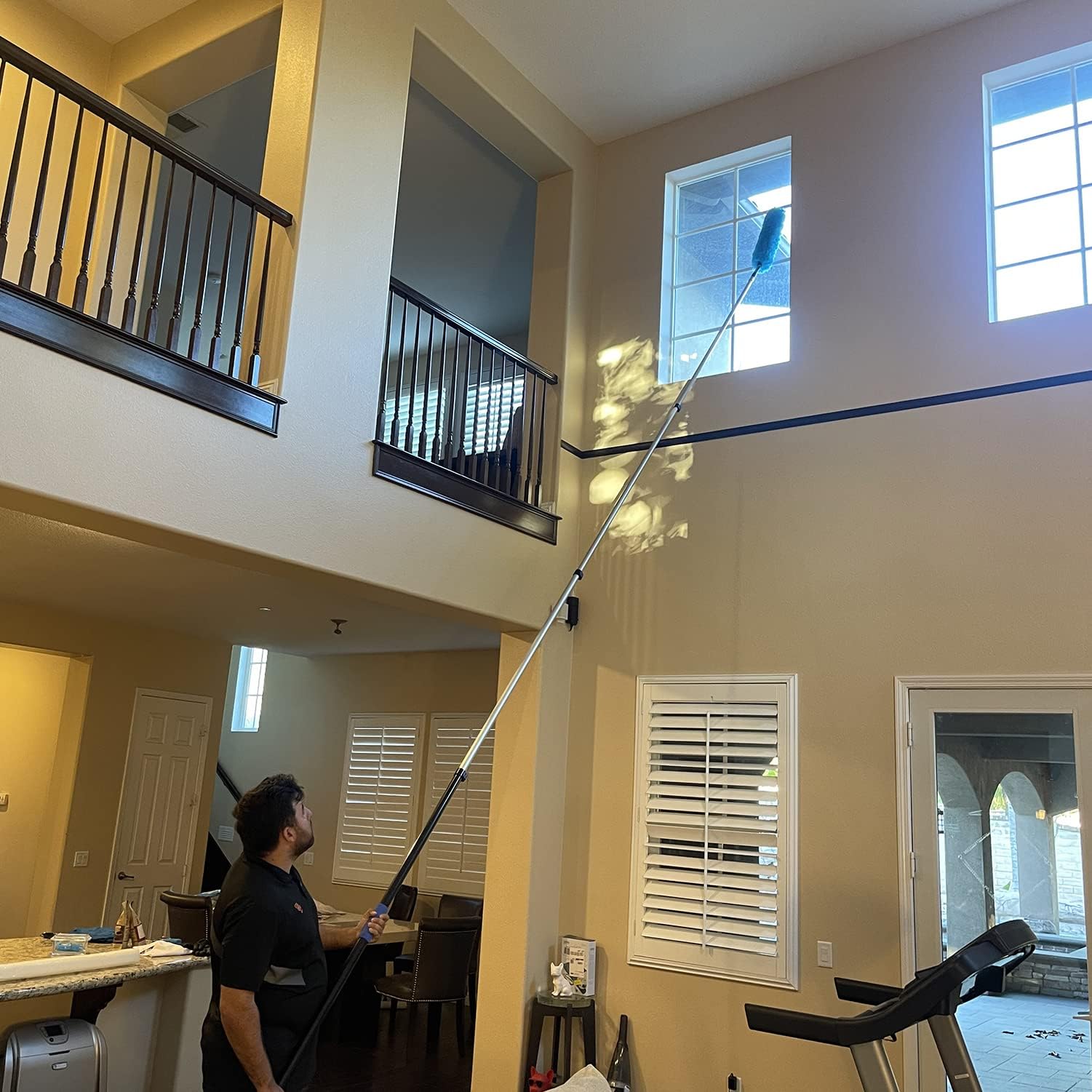 15 Foot High Ceiling Fan Duster with 5-8ft Extension Pole, Extendable Reusable Cobweb, Feather, Window Cleaning Squeegee Kit