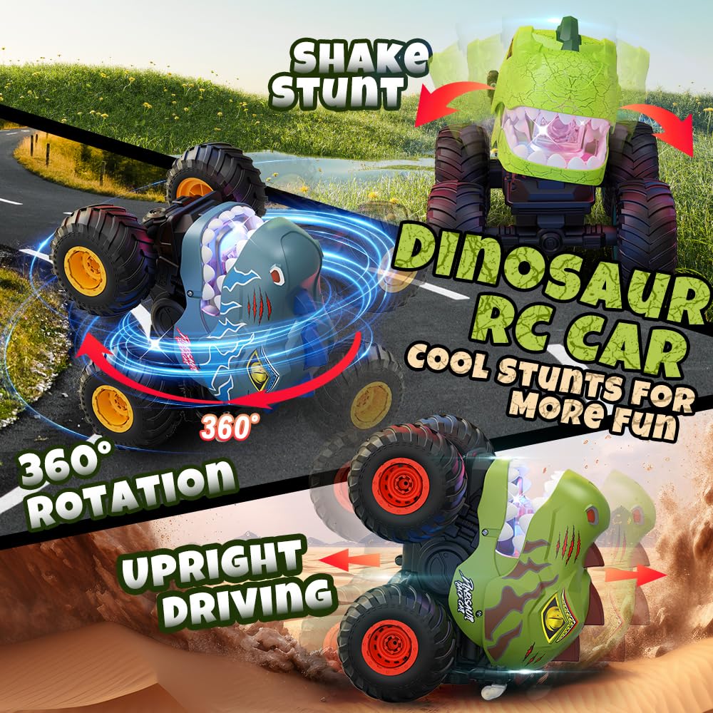 Drefirsa Dinosaur Remote Control Car for Kids Ages 3-5 6-12, Remote Control Monster Truck with Spray, Light, 360° Rolling&90° Driving, All Terrain Dinosaur Toy for Boys Birthday Gift