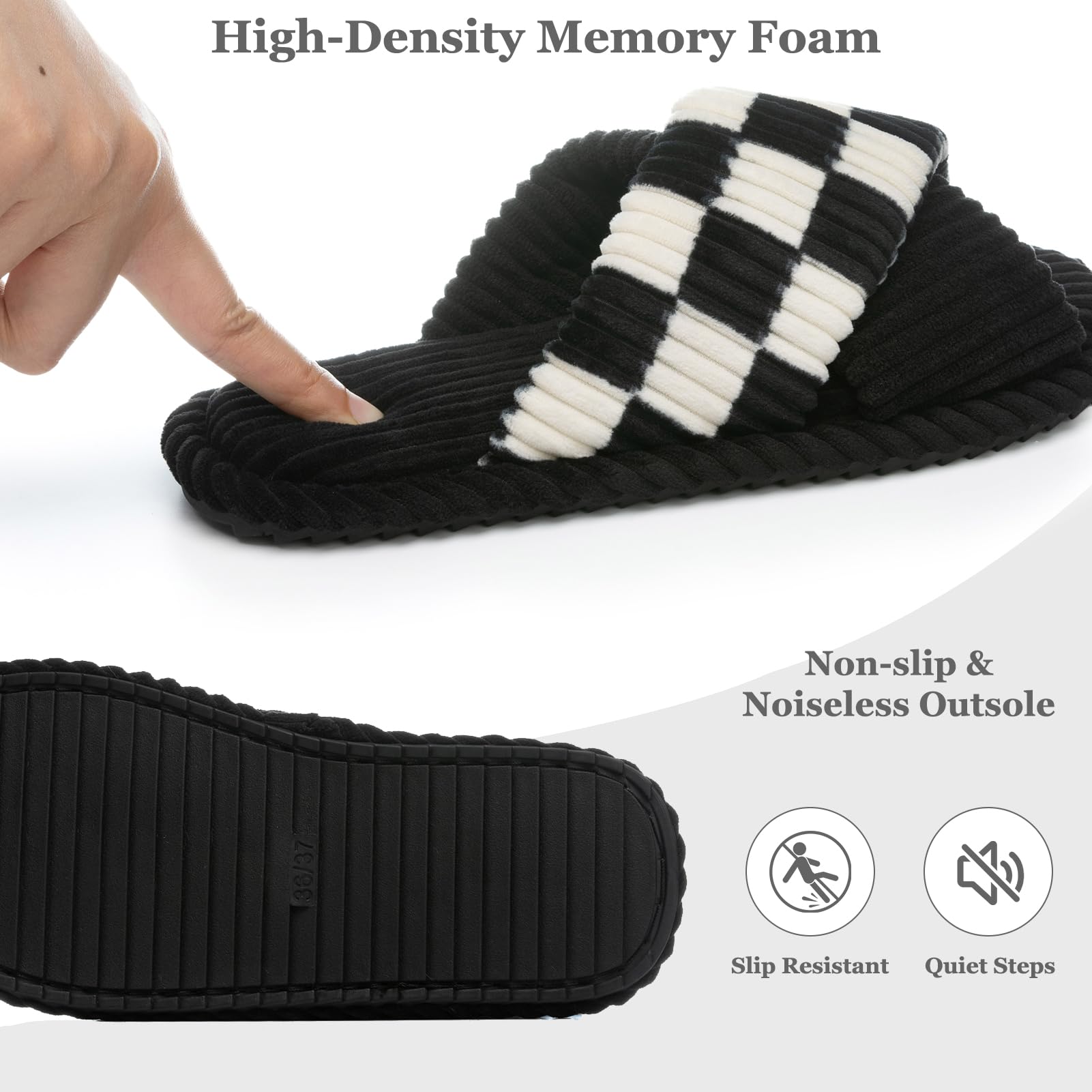 GOEWY Slippers for Women Memory Foam House Bedroom Corduroy Crossbands Open Toe Slides Sandals Shoes Comfy Trendy Gift for womens Anti-Skid sole
