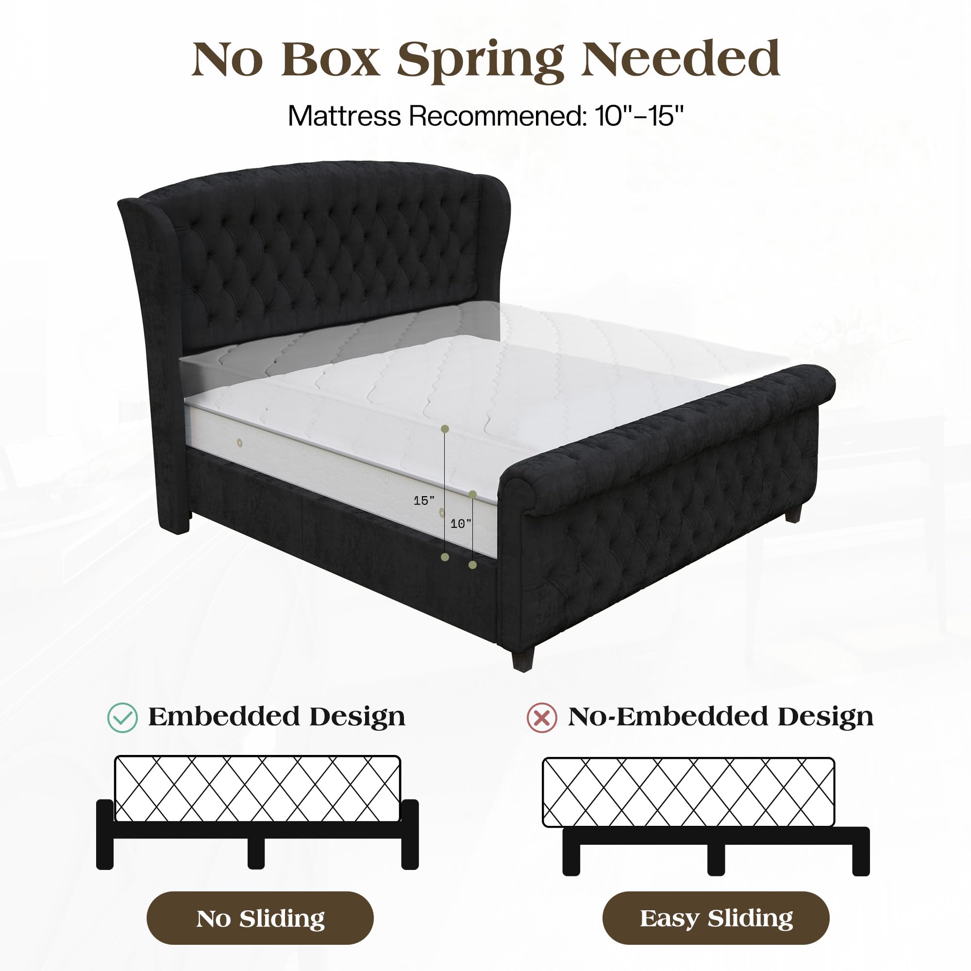 LUXOAK Queen Size Platform Bed Frame, Velvet Upholstered Sleigh Bed with Curved Headboard & Footboard, Deep Button Tufted, Wood Slats Support, No Box Spring Needed, Black