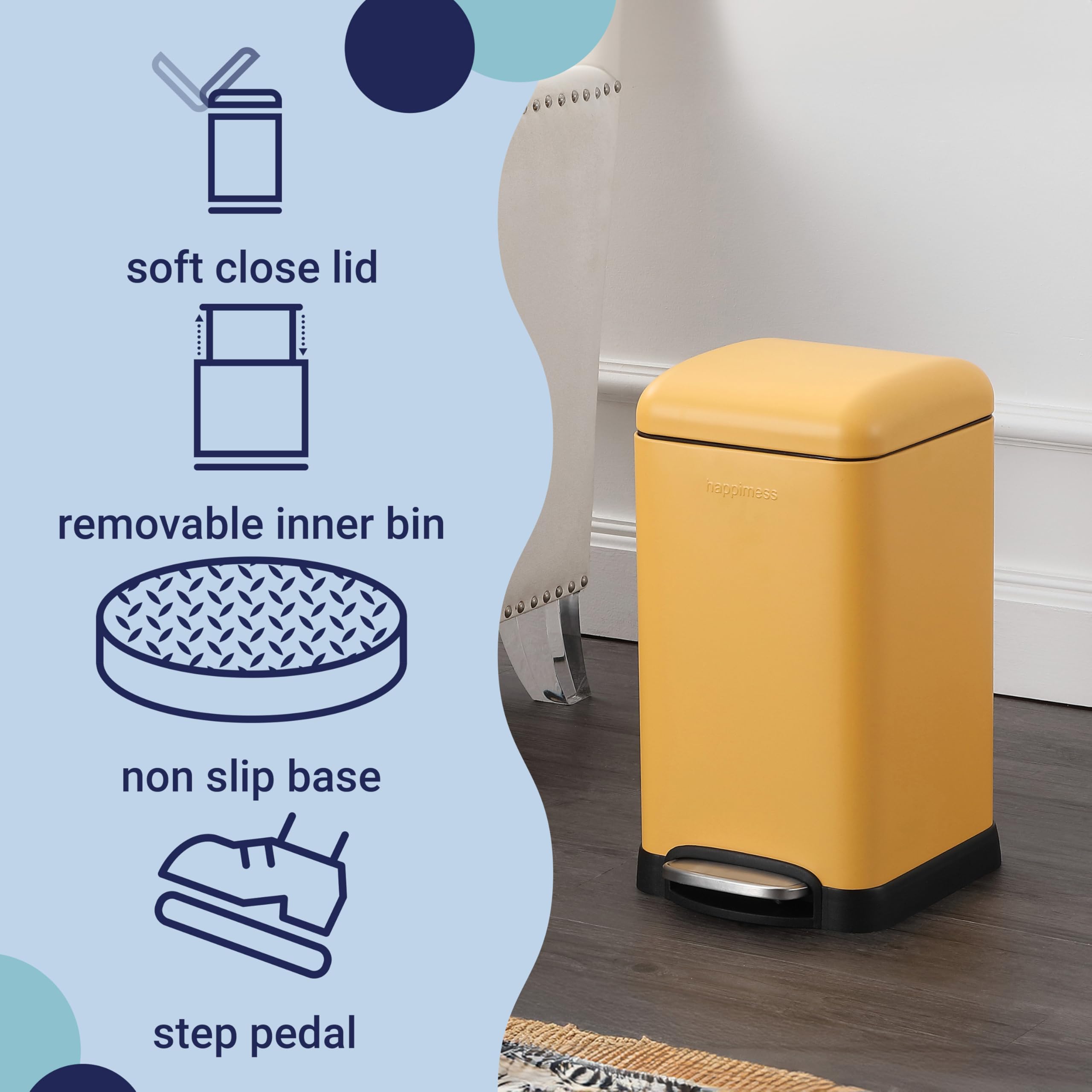 happimess HPM1012B Betty Retro Mini 3.2-Gallon Step-Open Trash Can with Soft-Close Lid, Modern, Minimalistic, Fingerprint Proof for Home, Kitchen, Laundry Room, Office, Bedroom, Bathroom, Black