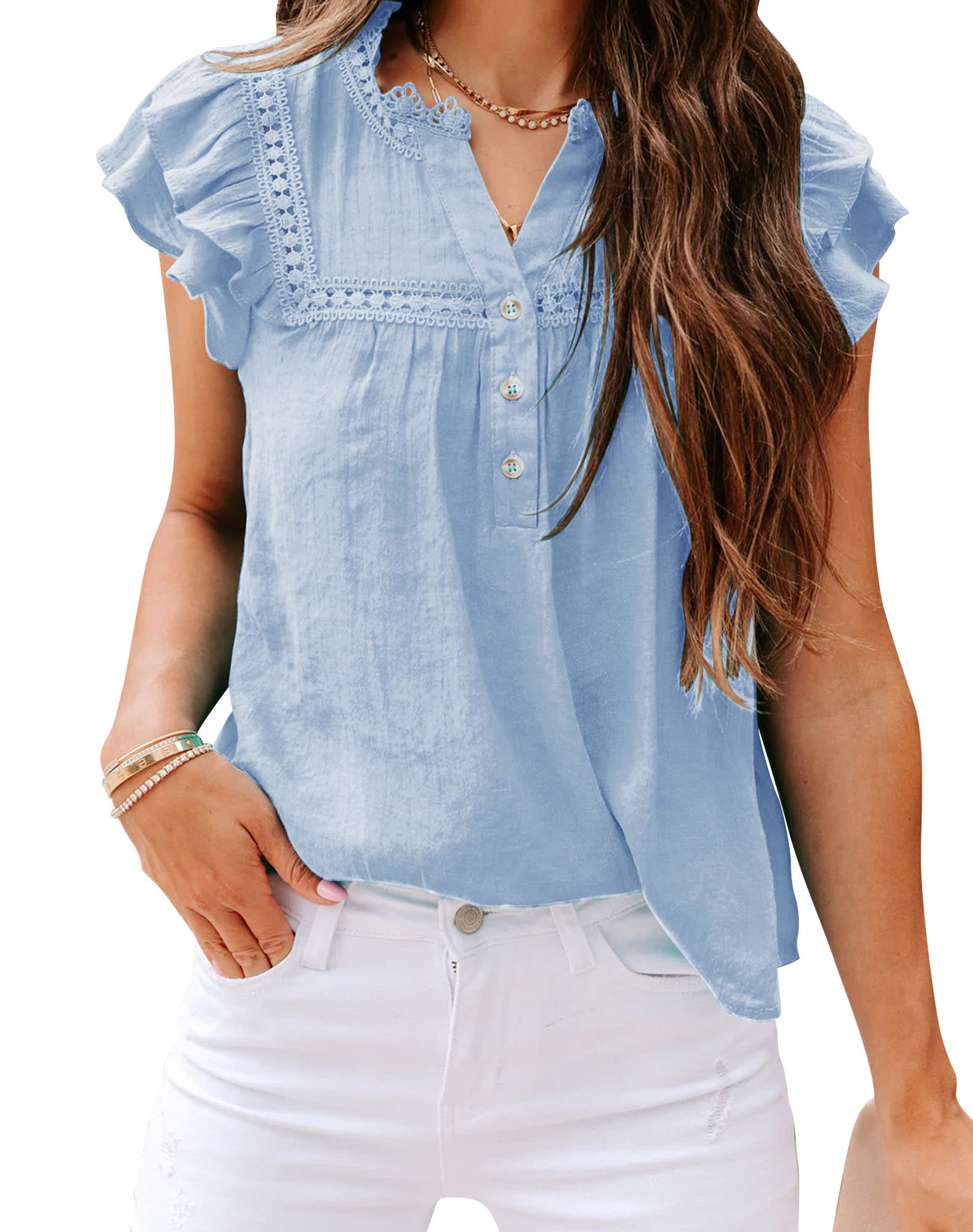 Women's V Neck Lace Crochet Shirts Button Down Short Sleeve Casual Blouse Tops