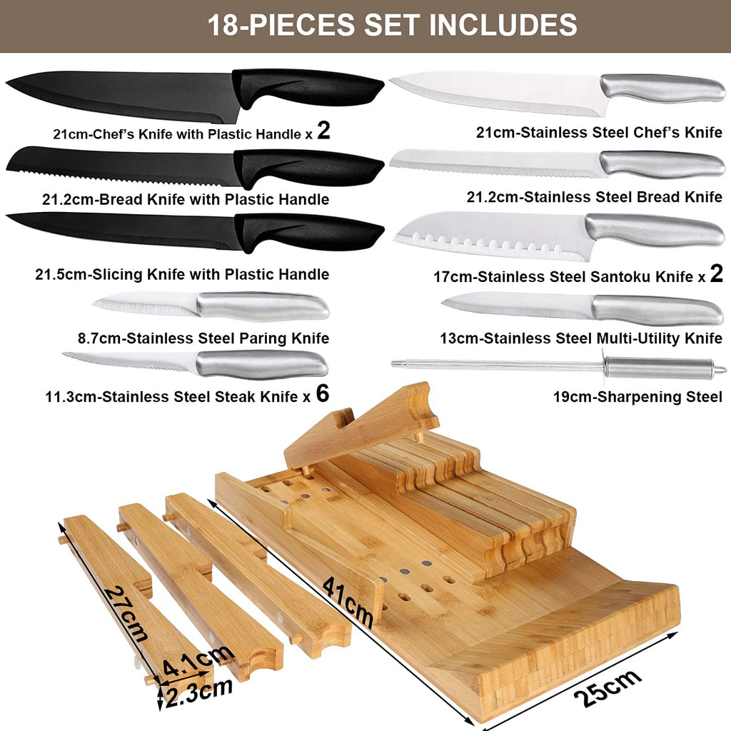 NIUXX Bamboo In-Drawer Knife Block Set for 9 Knives(Not Included), Large Kitchen Detachable Washable Cutlery Slot Organizer Storage Holder for Sharpening Steel and Cutter