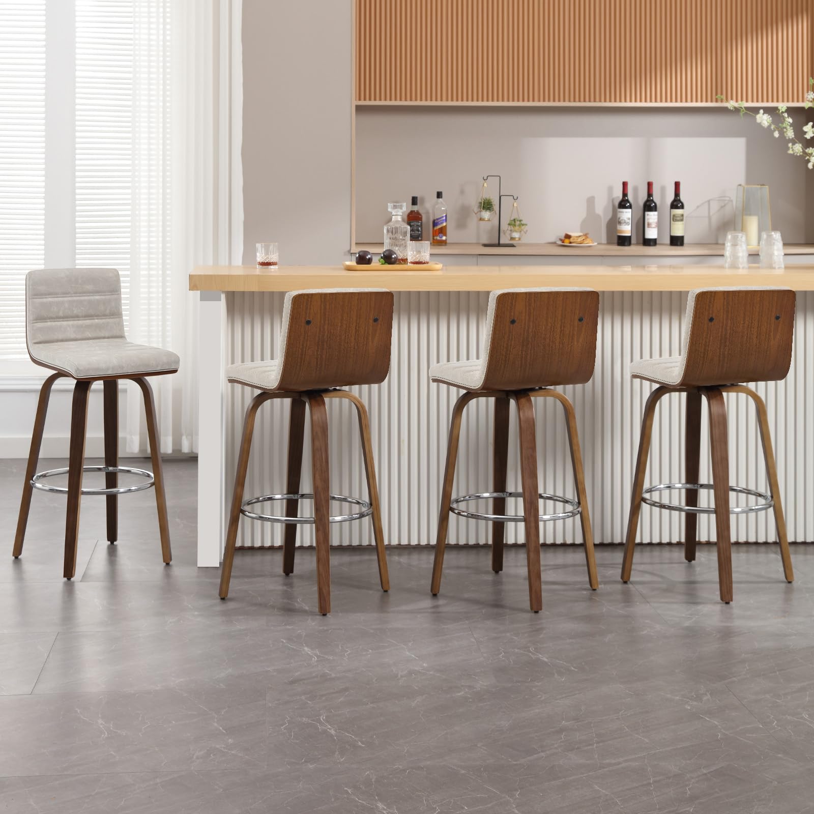Bar Stools 29 Inch Bar Height, Swivel Bar Stools with Backs Upholstered PU Leather Barstool, L Shape Back and Padded Seat, Mid-Century Modern Bar Stool Pub Chairs for Kitchen Counter Island, Black