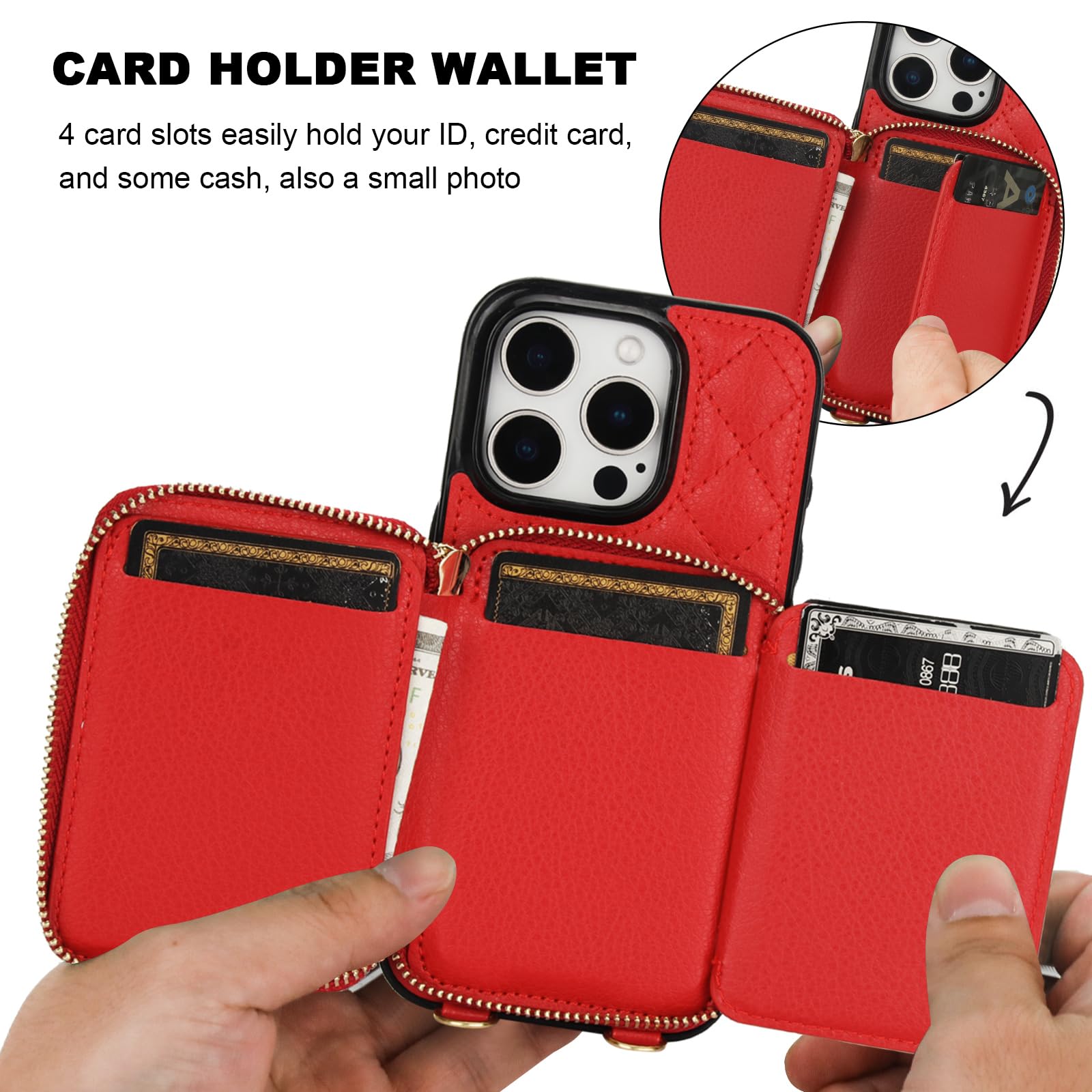 Bocasal Crossbody Wallet Case for iPhone 16 Pro, RFID Blocking PU Leather Zipper Handbag Purse Flip Cover, Kickstand Folio Case with Card Slots Holder Wrist Strap Lanyard 5G 6.3 Inch (Black)
