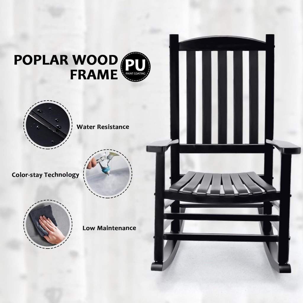 Hupmad Wooden Rocking Chair Outdoor Oversized Porch Rocker Chair,Patio Wooden Rocker with High Back and Armrest,All Weather Rocker Slatted for Backyard,Garden,400 lbs Support,Black