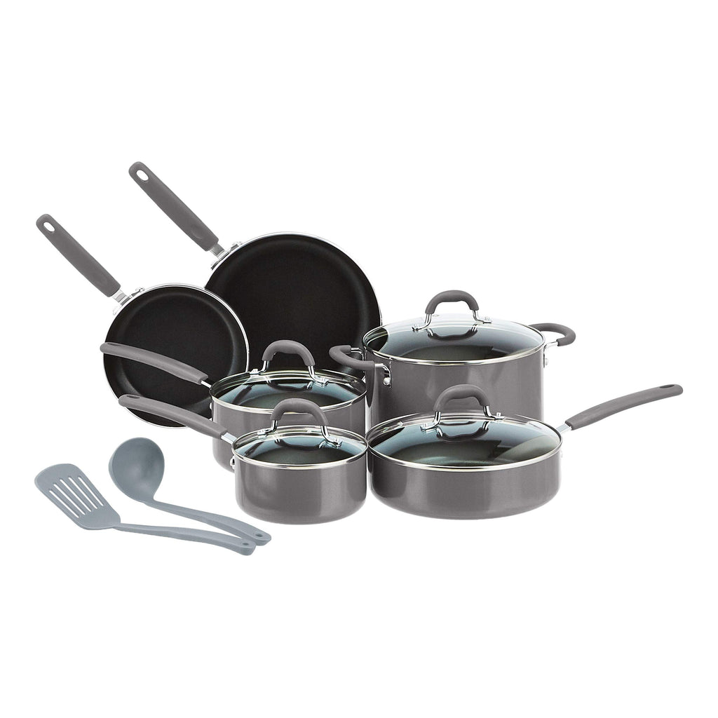 Amazon Basics Non-Stick Cookware Set, Pots and Pans with Lids, Hard Anodized Aluminum, Dishwasher Safe, Oven Safe, Black, 12-Piece