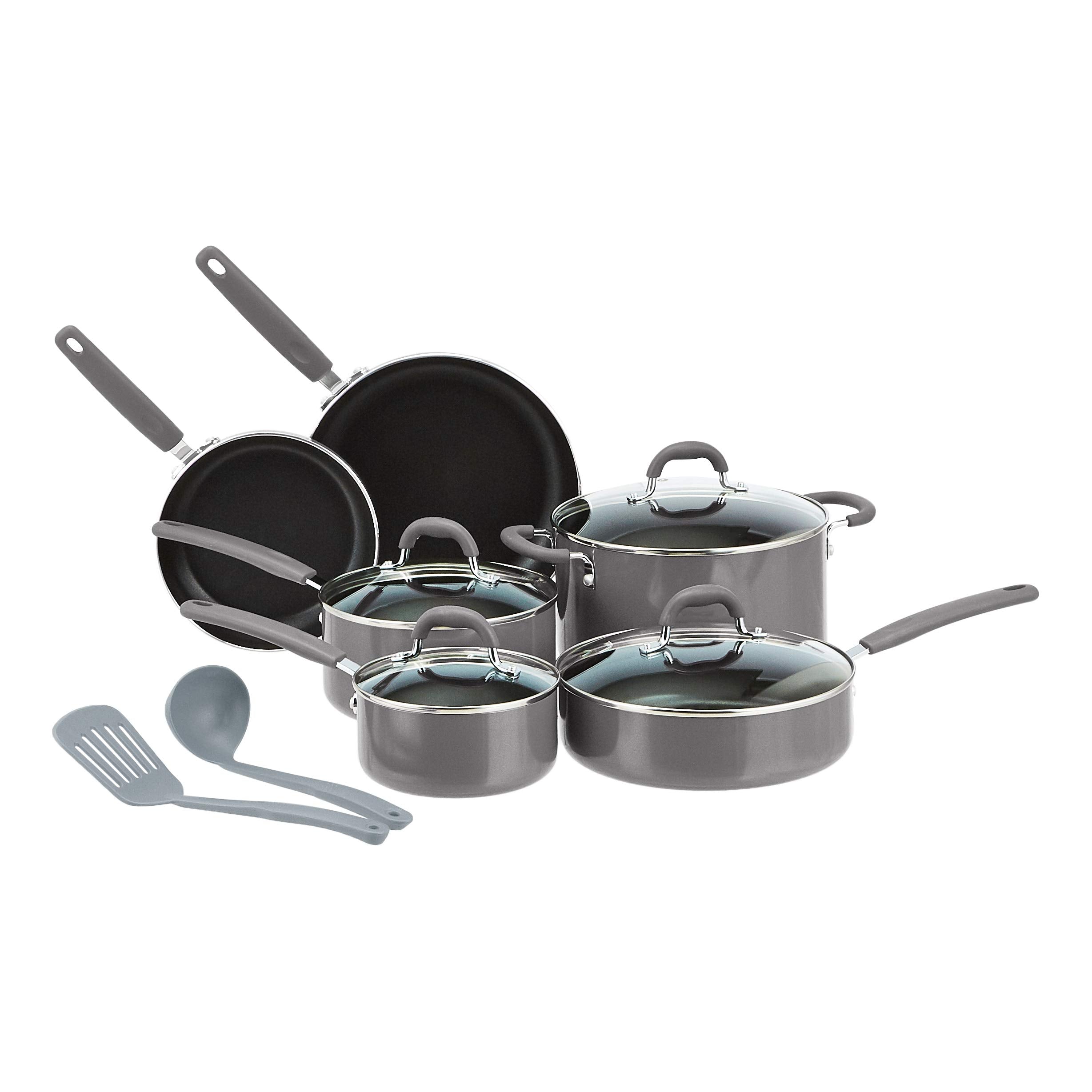 Amazon Basics Non-Stick Cookware Set, Pots and Pans with Lids, Hard Anodized Aluminum, Dishwasher Safe, Oven Safe, Black, 12-Piece