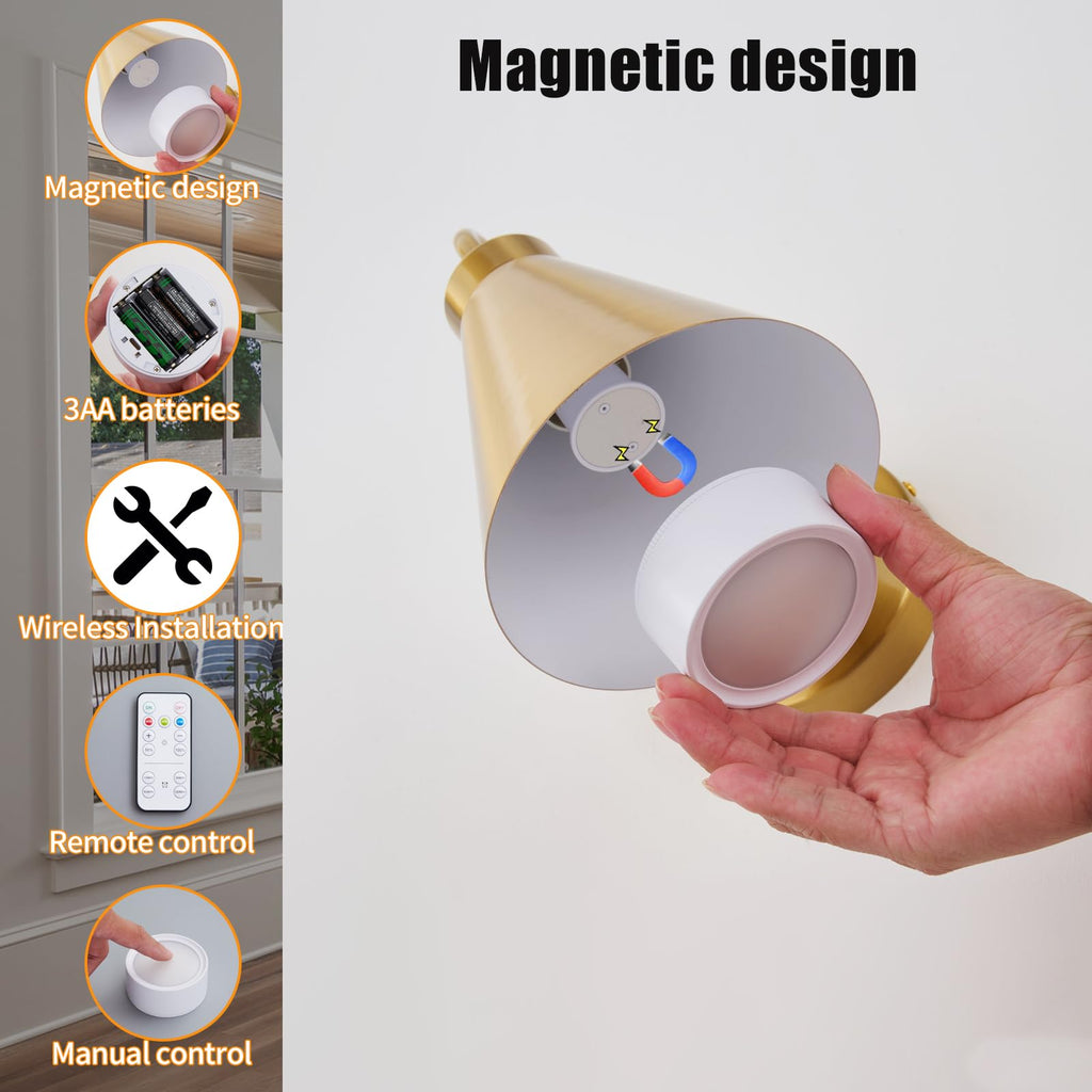 Powfloven Vintage Rechargeable Wall Sconces Set of 2, Battery Operated Bedside Wall Lamps with Remote Control, Wireless Gooseneck Indoor LED Lights Fixture for Bedroom Hallway, Black