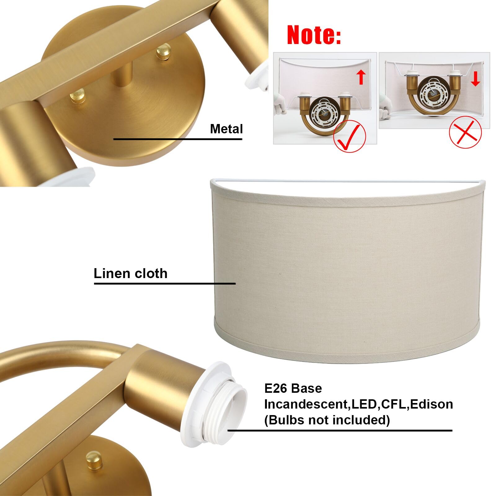 Yosoan White Fabric Cloth Boho Aged Brass Gold Wall Sconce Stairwell Fixture Light, 2-Light Dual Indoor Hardwired Vanity Vintage Wall Mount Lamp Antique Metal Base Semicircle Shade Lamp for Hallway
