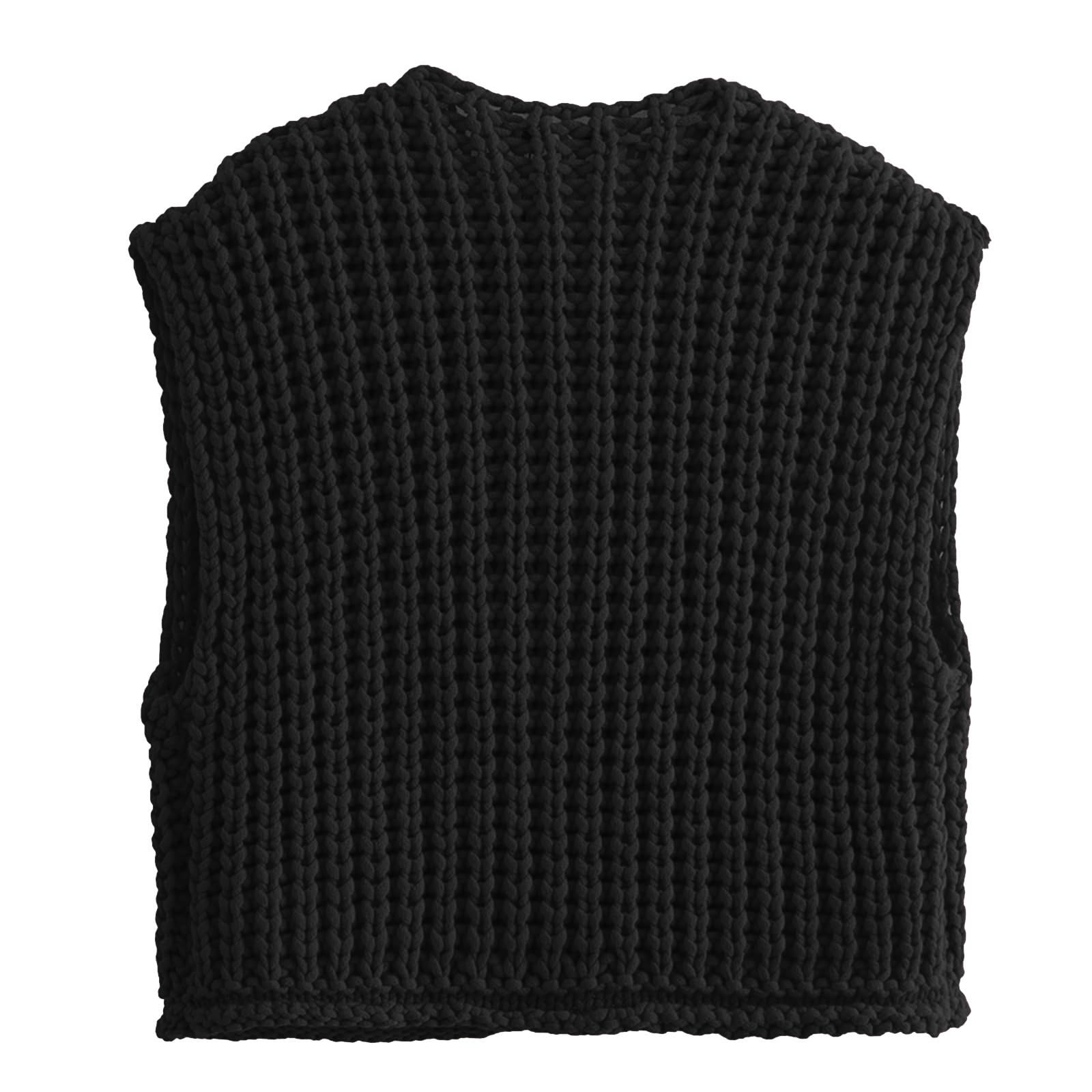 KEOMUD Women's Sleeveless Cropped Knit Cardigan Casual Button Down Crochet Sweater Vest Tops with Pockets