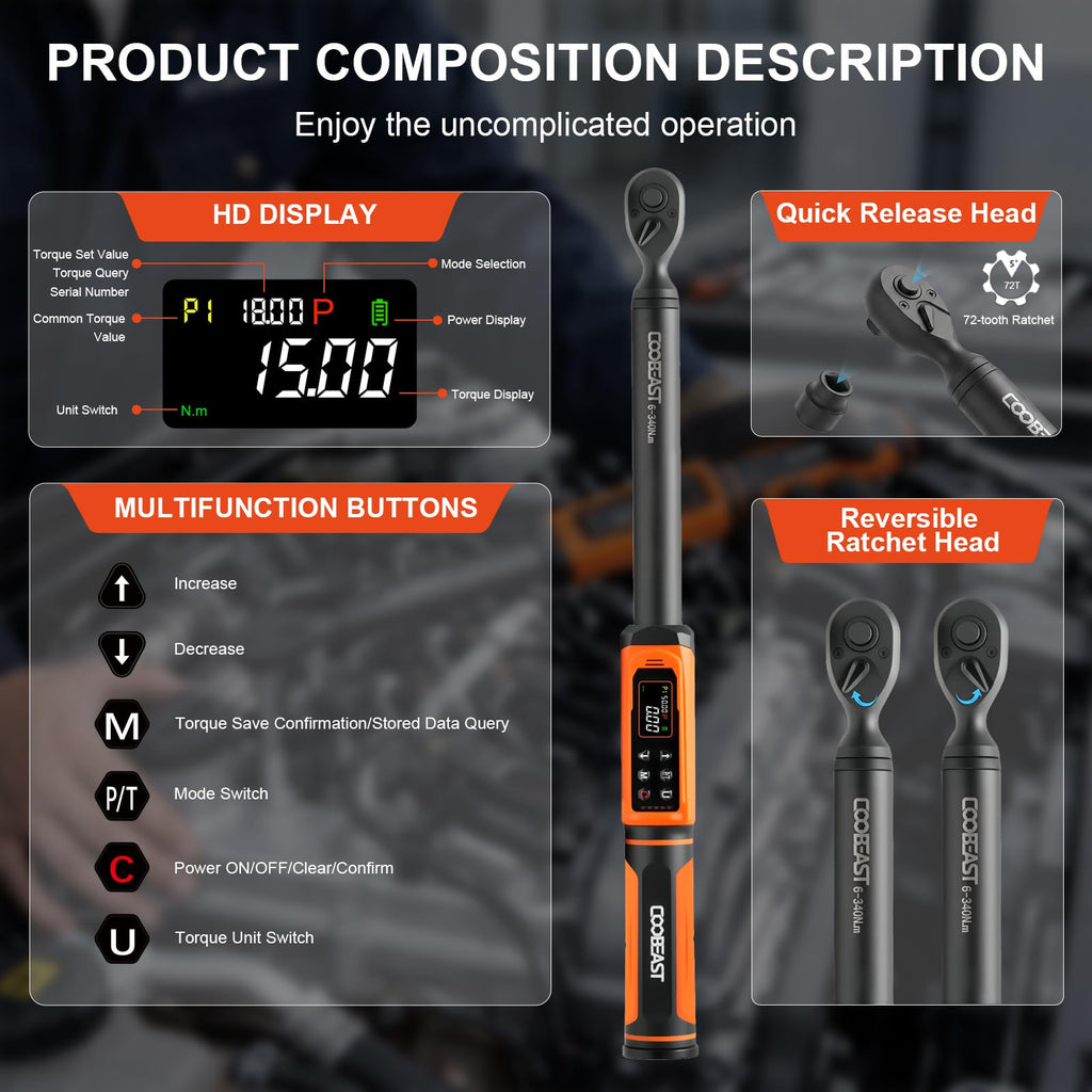 Digital Torque Wrench, 1/2 Drive Electronic Torque Screwdriver with Preset Value(3.76-250.8 Ft.lbs./5.1-340Nm), Buzzer and LED Flash Five Units of Measure Torque Wrench for Motorcycle, Auto Repair