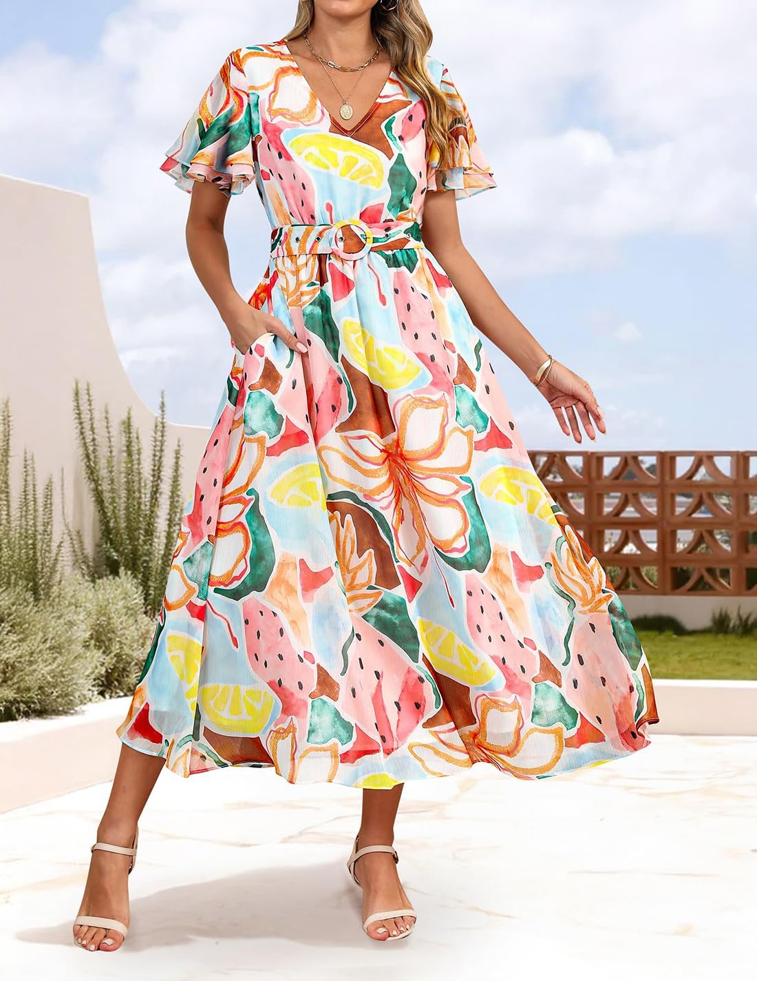 ZESICA Women's 2026 Summer Floral V Neck Midi Dress Boho Short Sleeve High Waist Flowy Beach Vacation Dresses with Belt